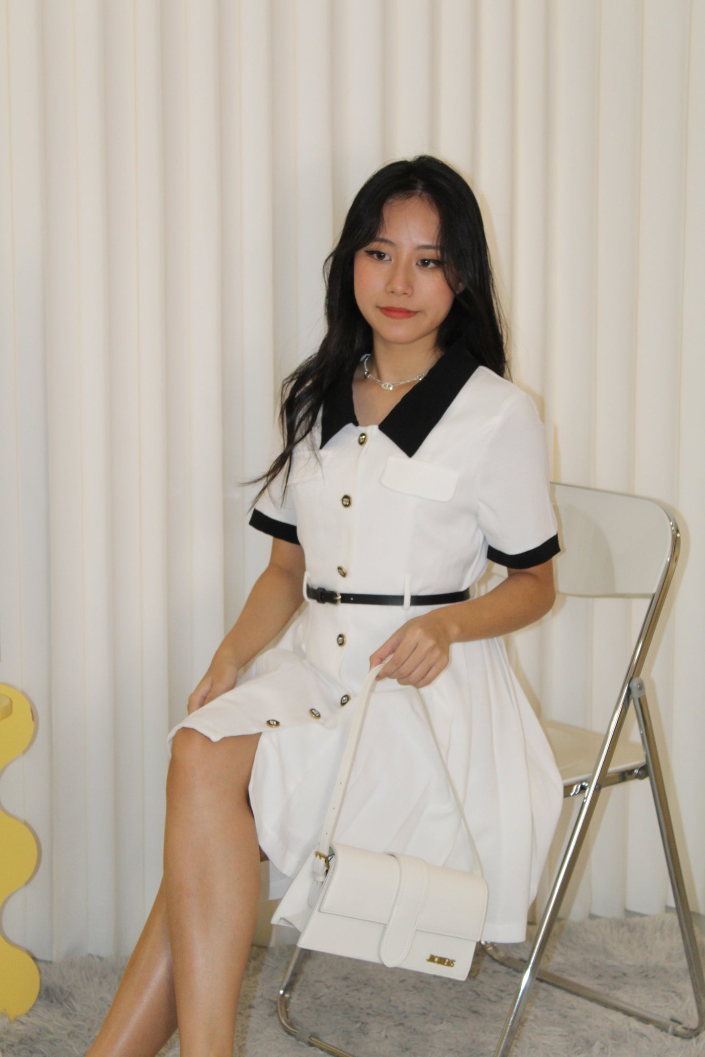 Fannie Collared Mini Dress with Belt (White)