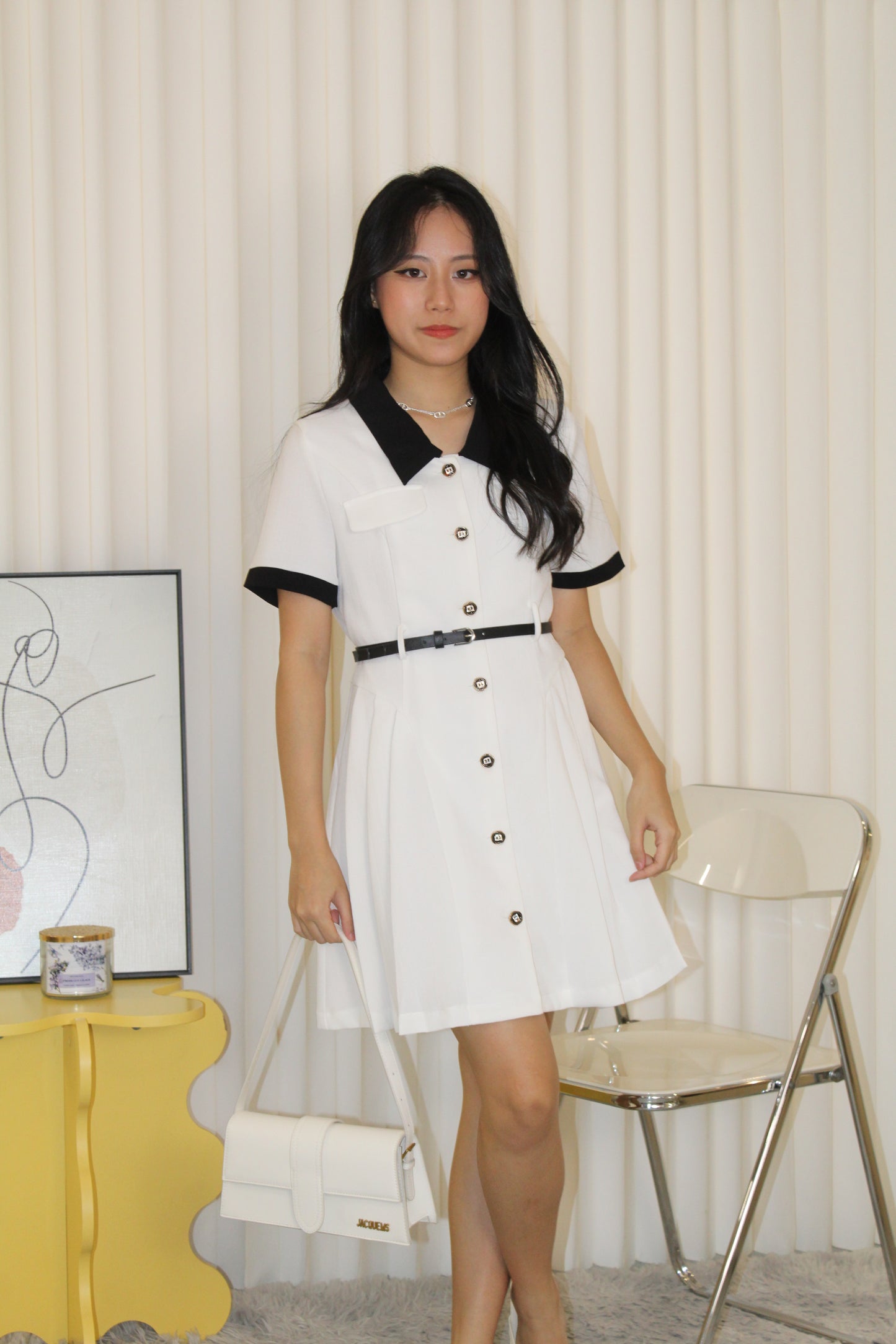 Fannie Collared Mini Dress with Belt (White)