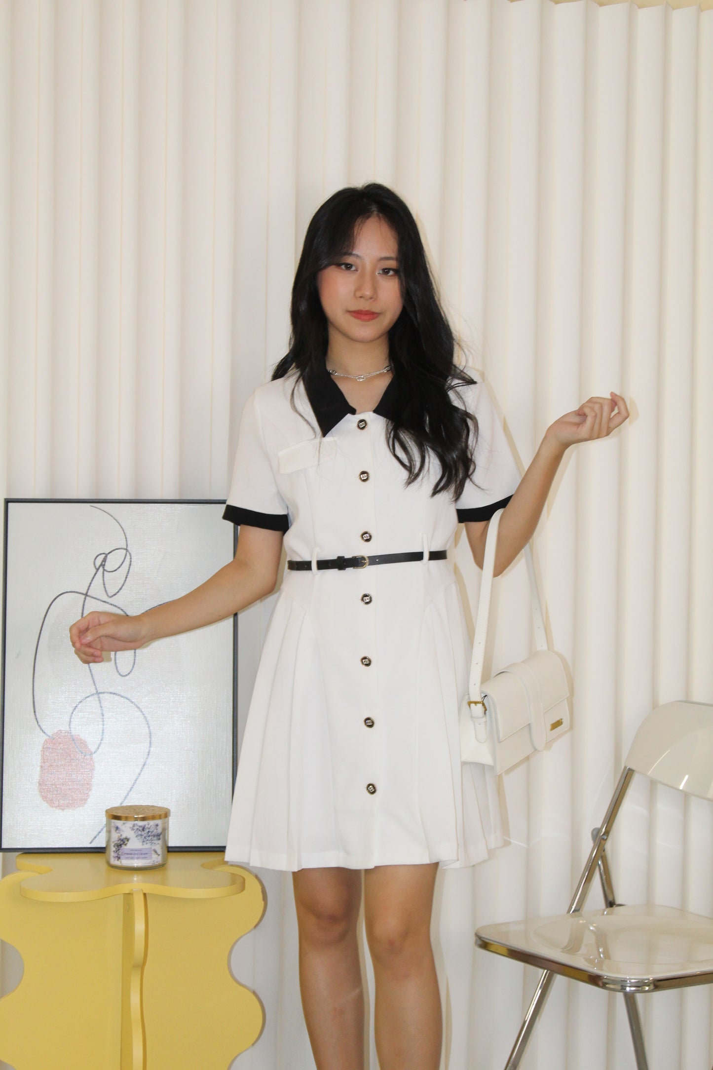 Fannie Collared Mini Dress with Belt (White)