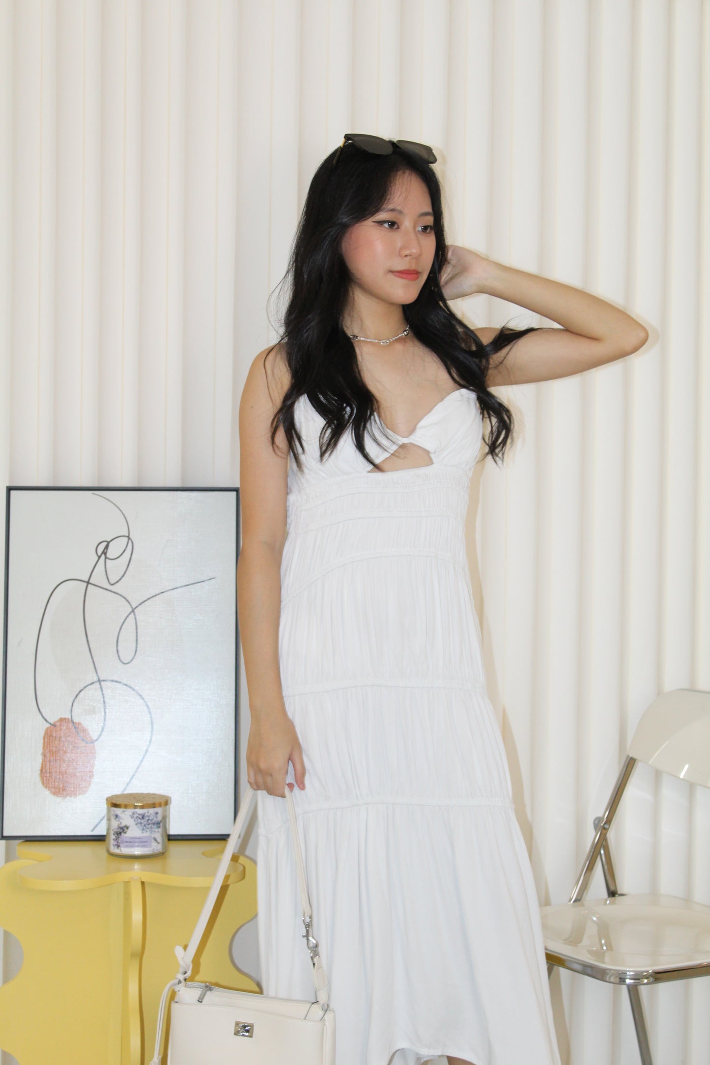 Aubrey Deep V Bare Back Dress (White)