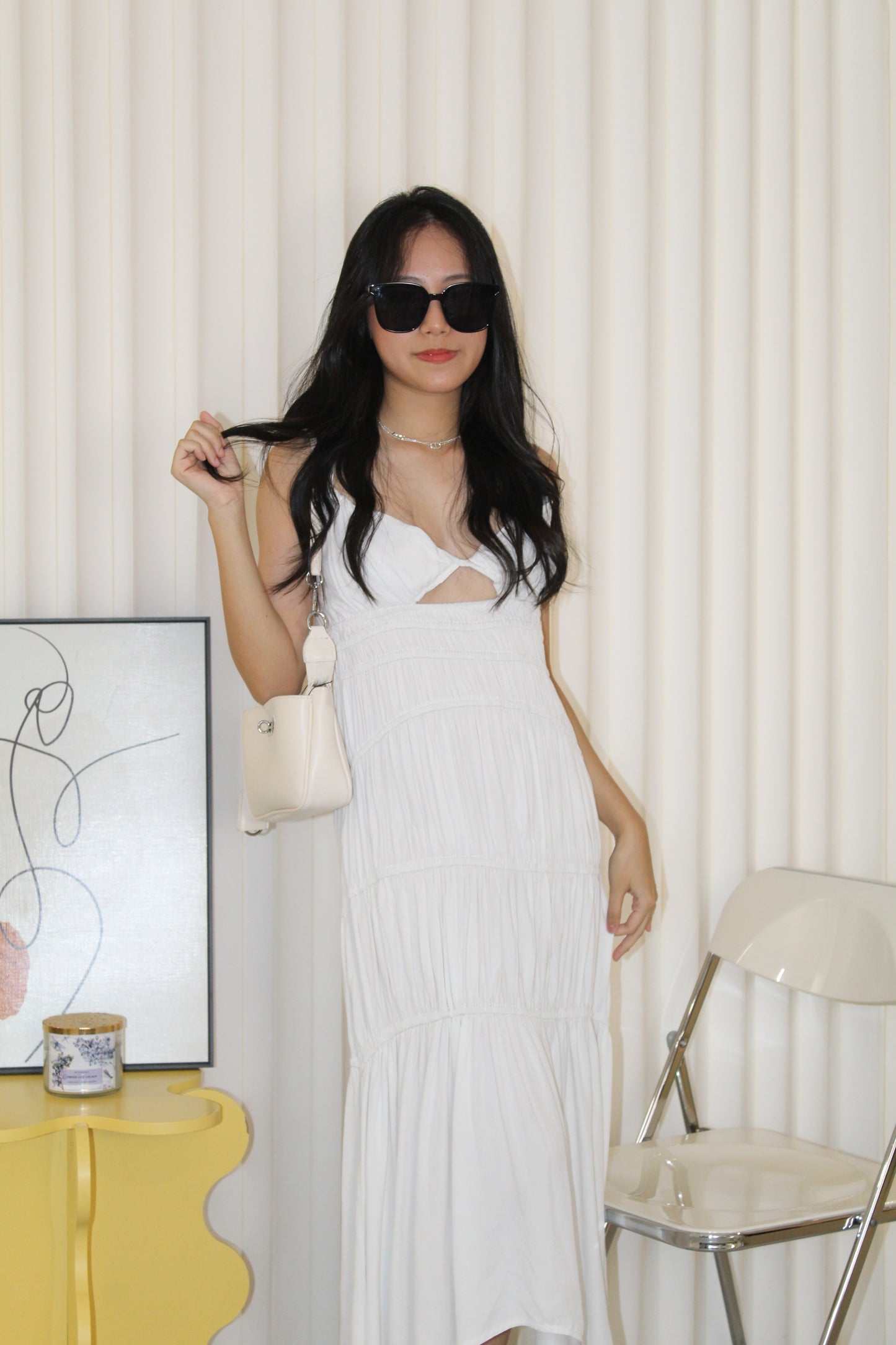 Aubrey Deep V Bare Back Dress (White)
