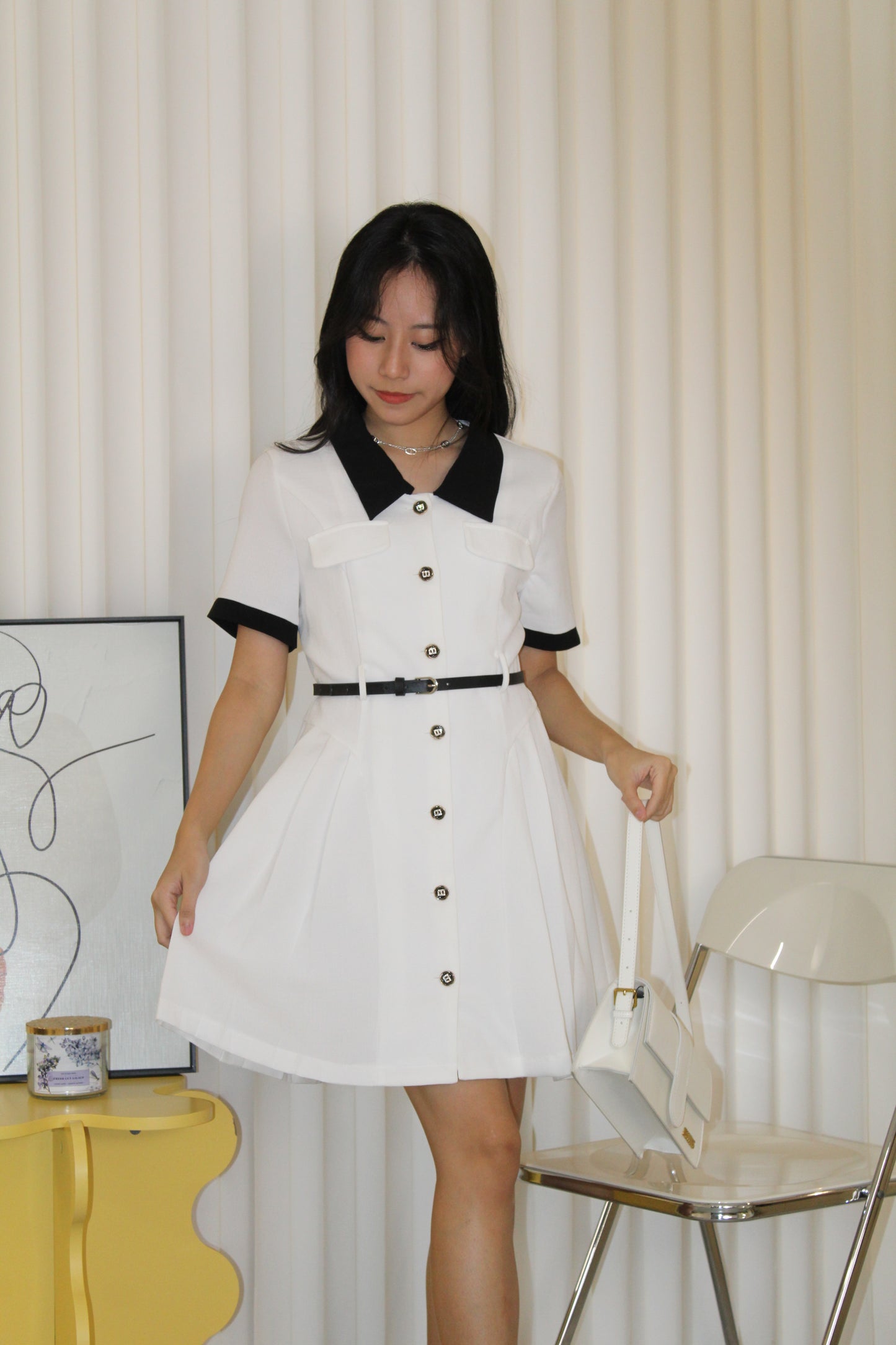 Fannie Collared Mini Dress with Belt (White)