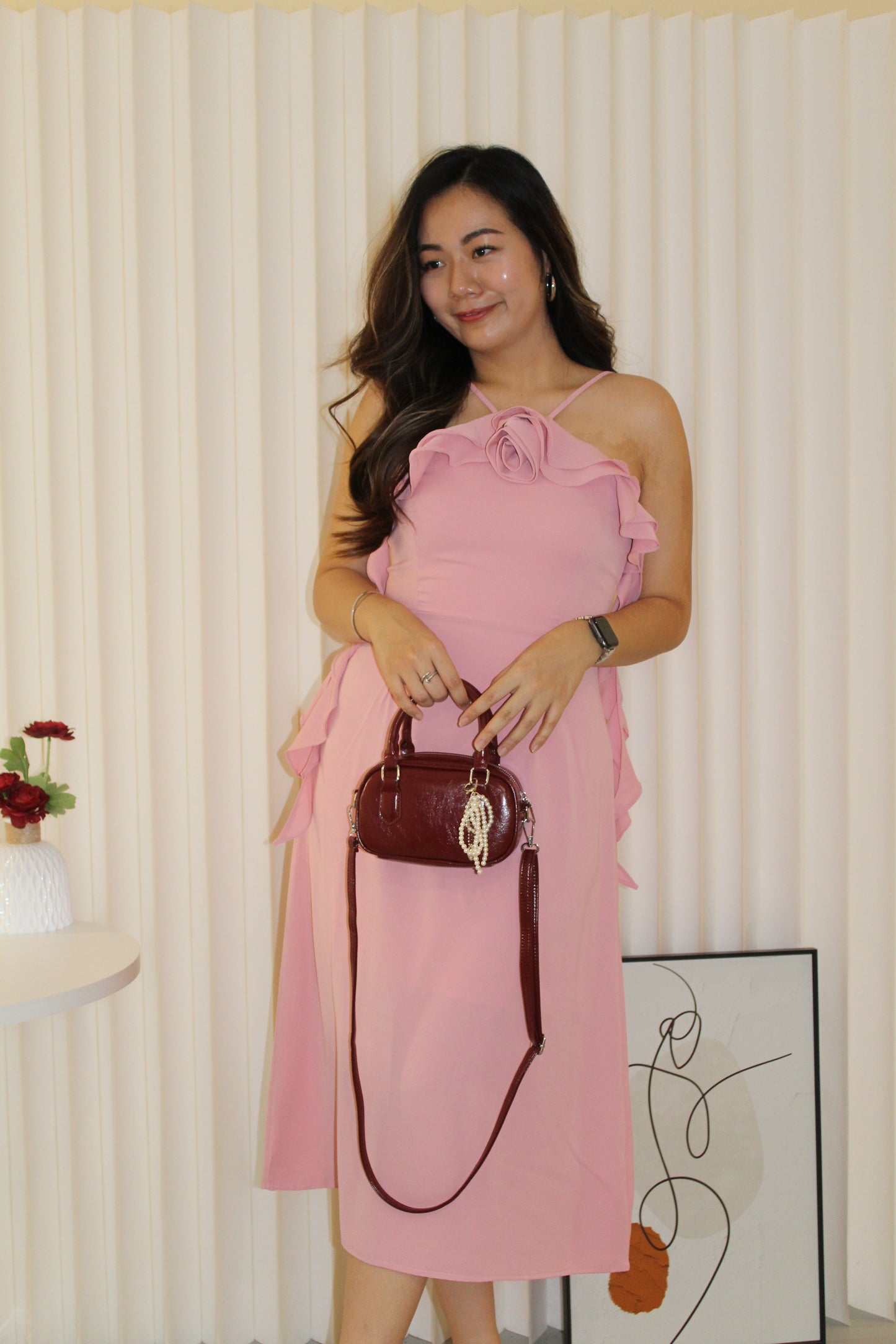 Ella Halter Ruffle Midi Dress (Pink)