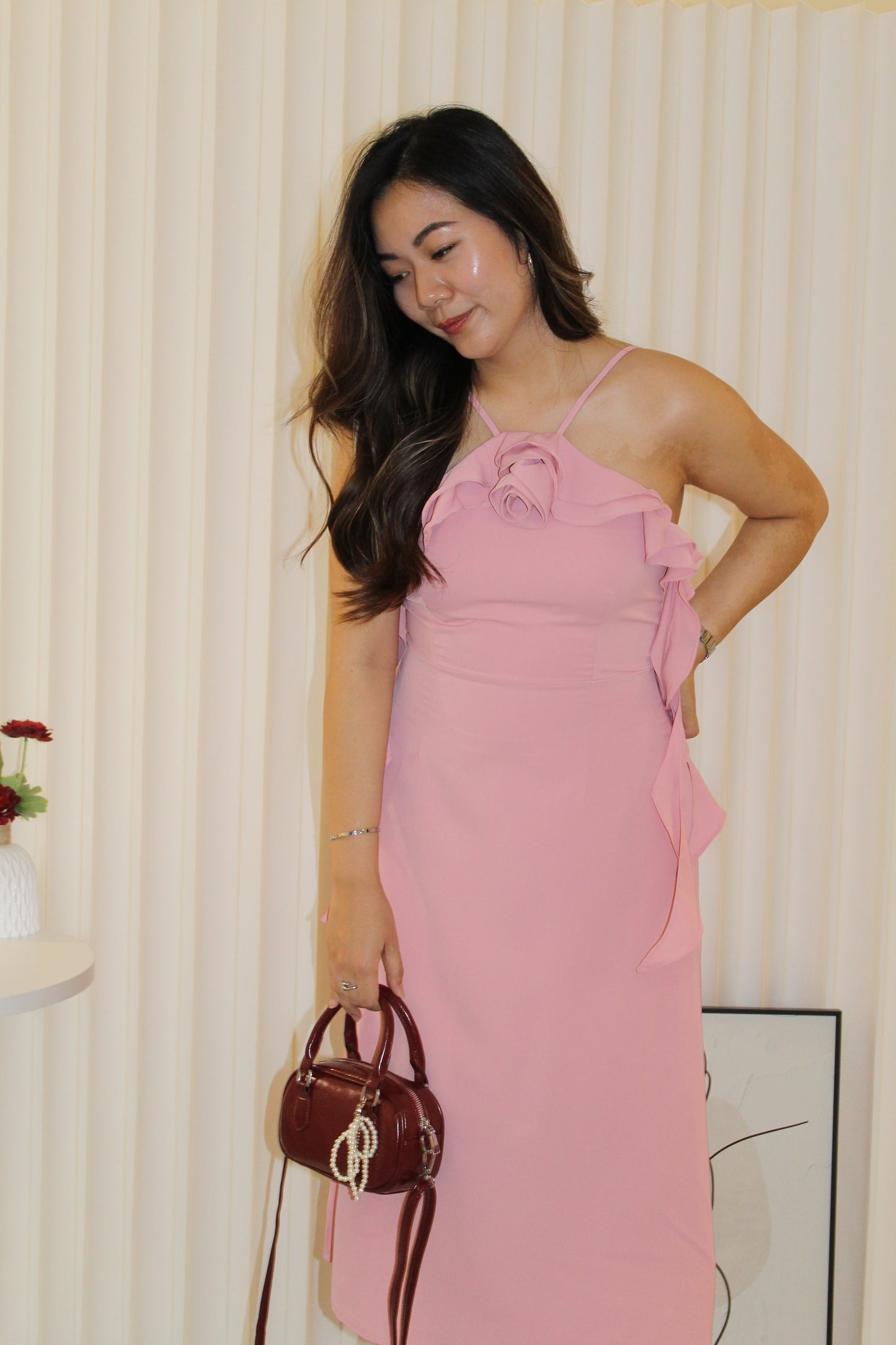 Ella Halter Ruffle Midi Dress (Pink)
