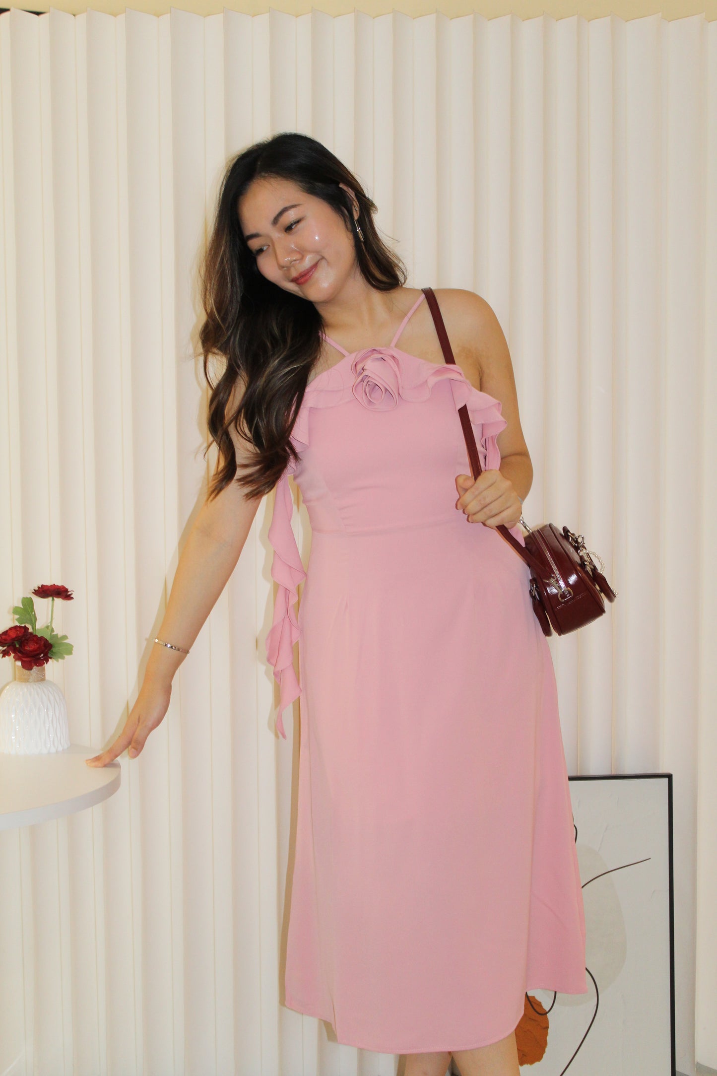 Ella Halter Ruffle Midi Dress (Pink)