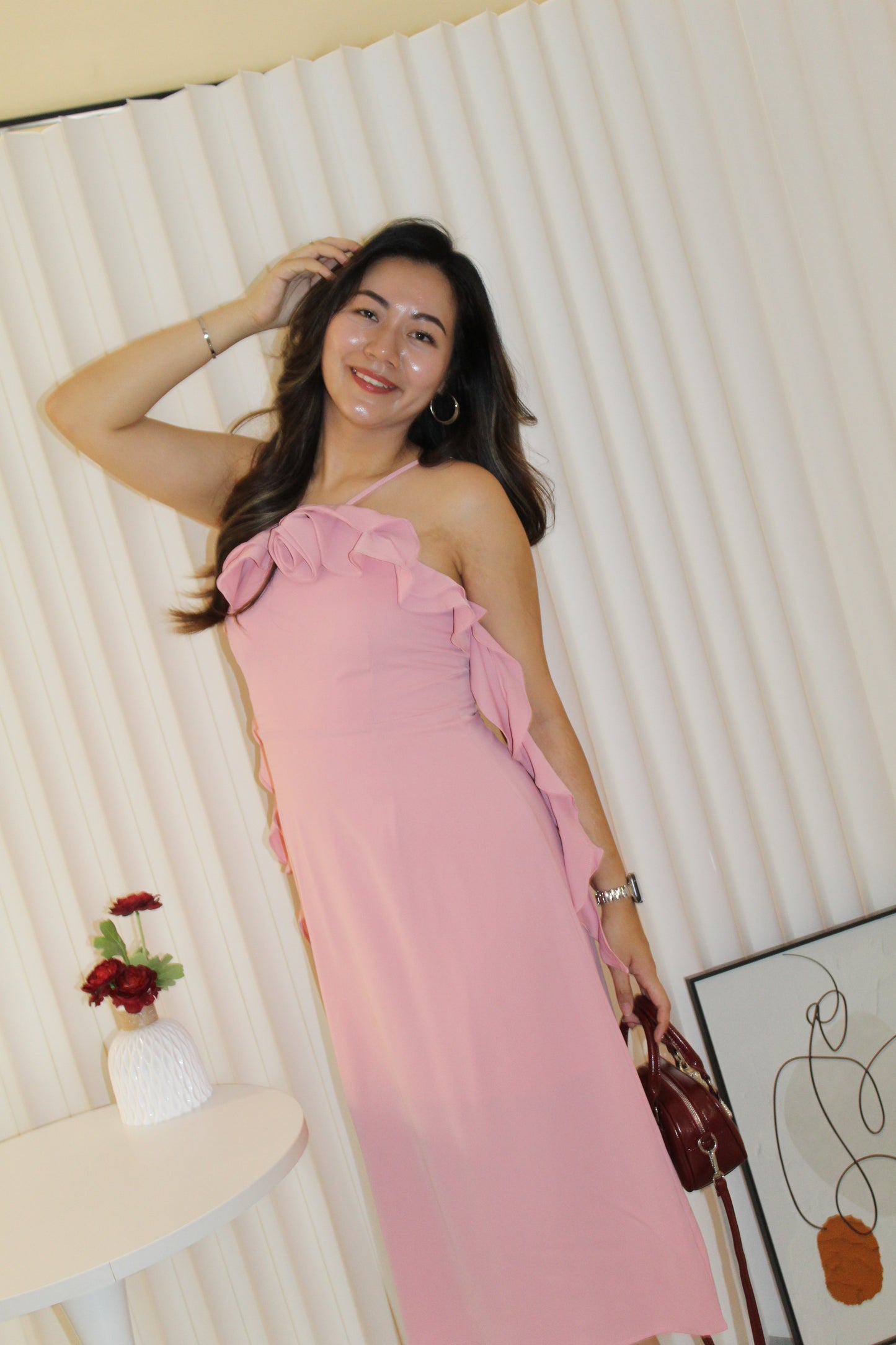 Ella Halter Ruffle Midi Dress (Pink)
