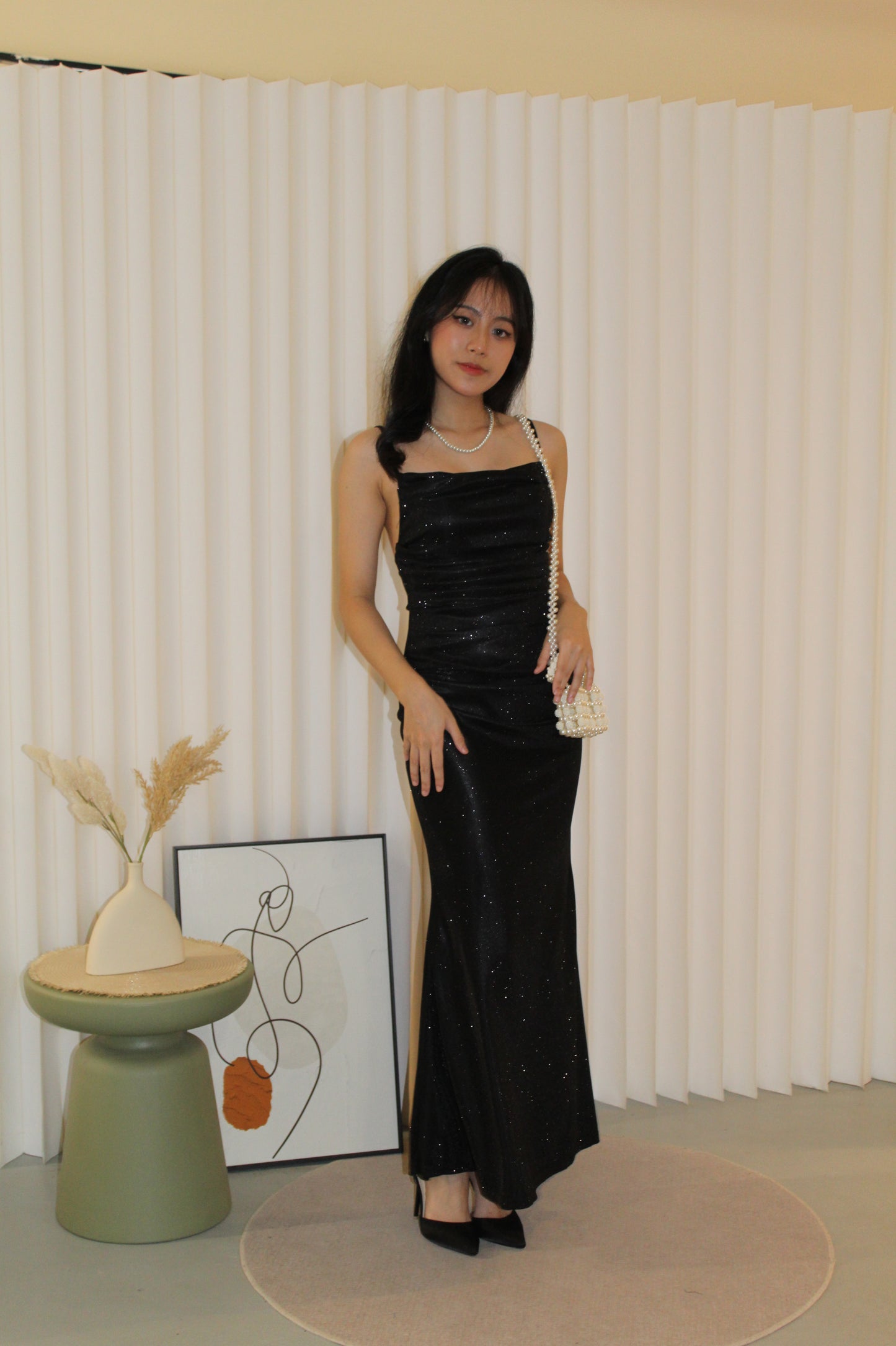 Kaida Bare Back Glitter Dress (Black)