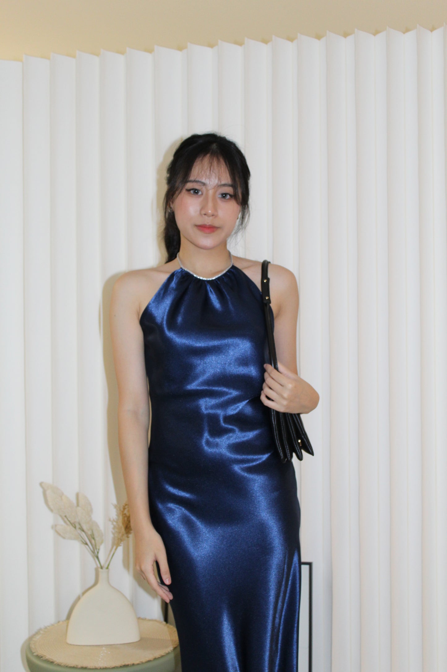 Nivvie Halter Satin Maxi Dress (Blue)