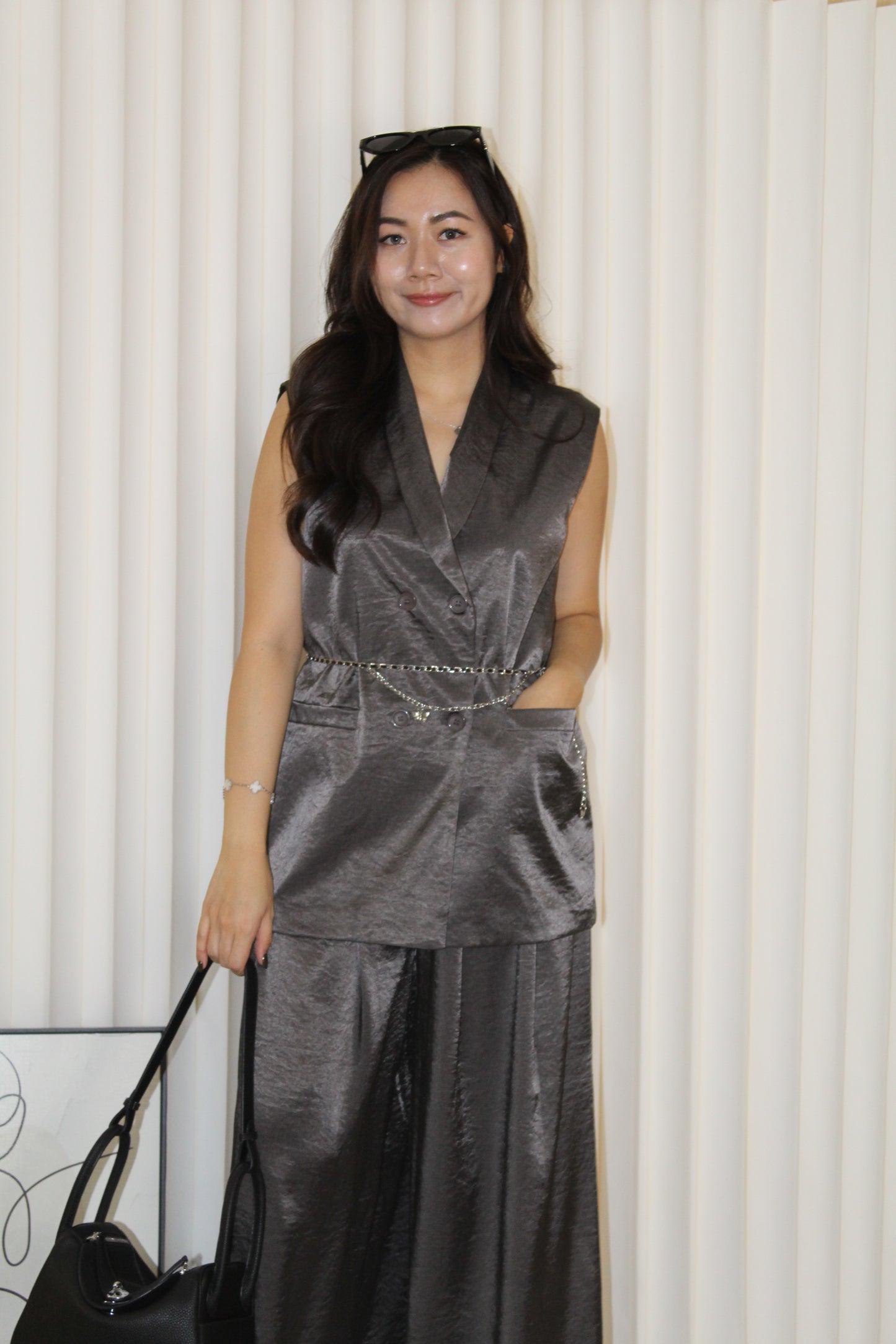 Anaelle Satin Vest Two Piece Pants Set (Brown)
