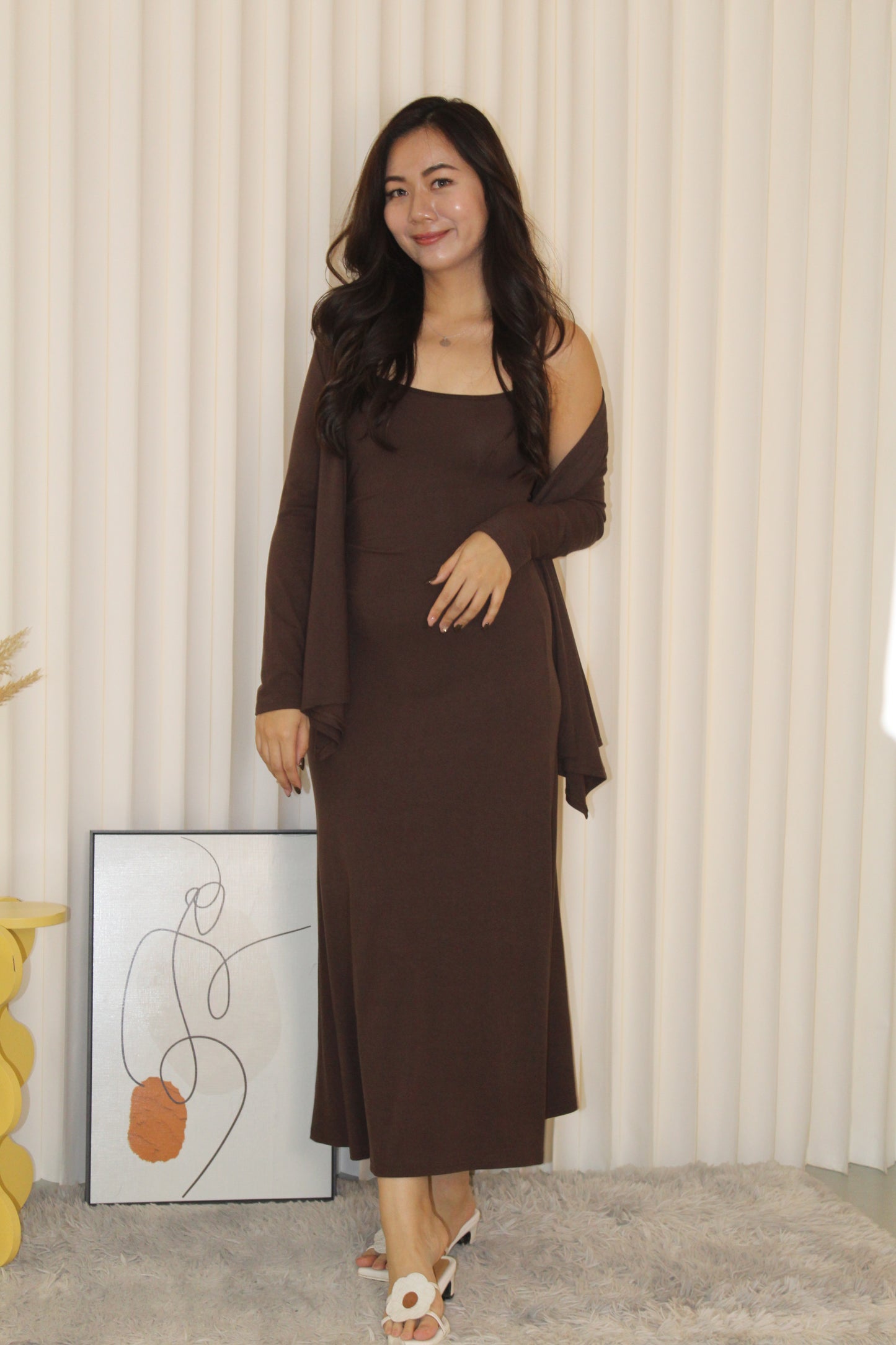 Ysee Cardigan Two Piece Dress Set (Brown)