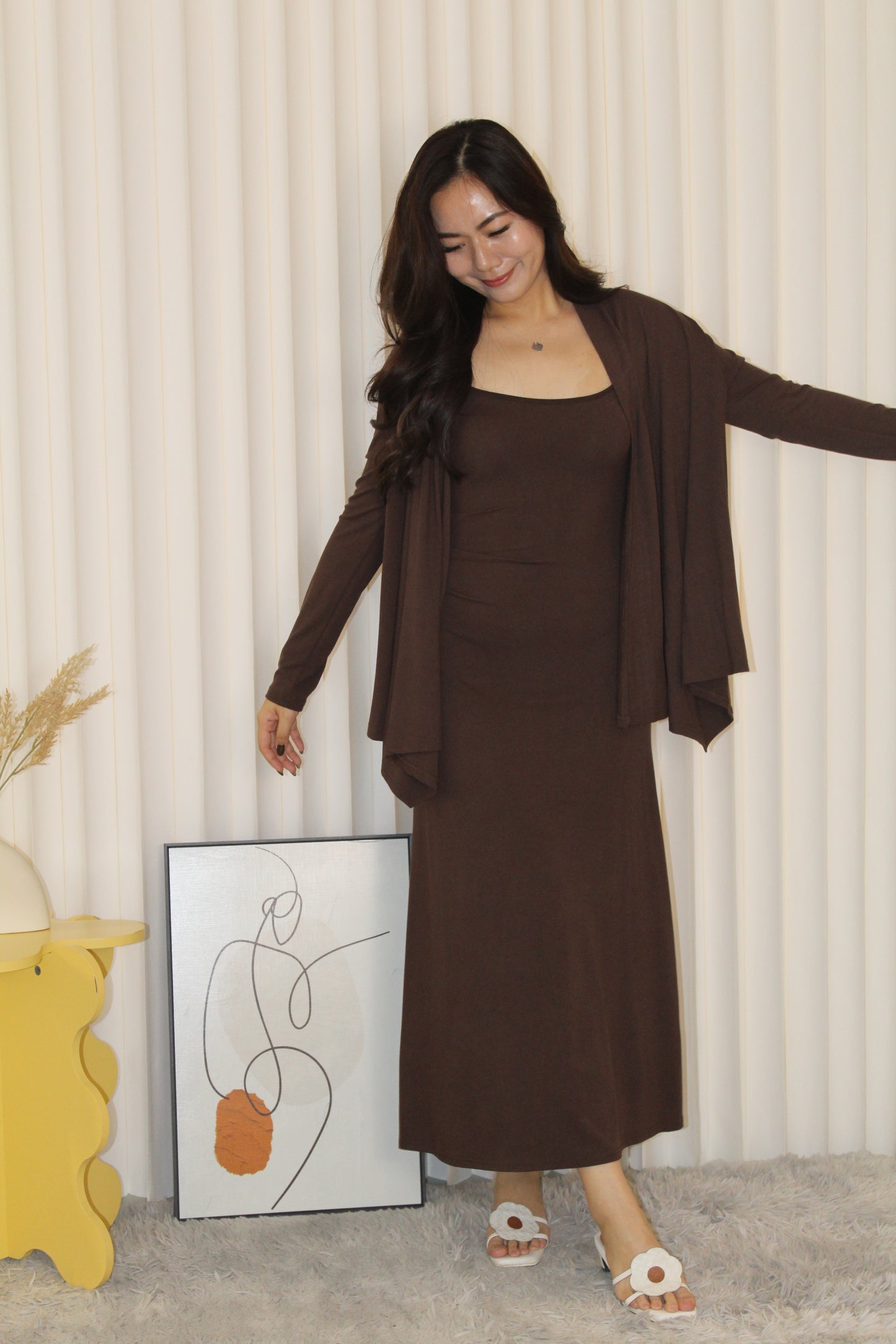 Ysee Cardigan Two Piece Dress Set (Brown)