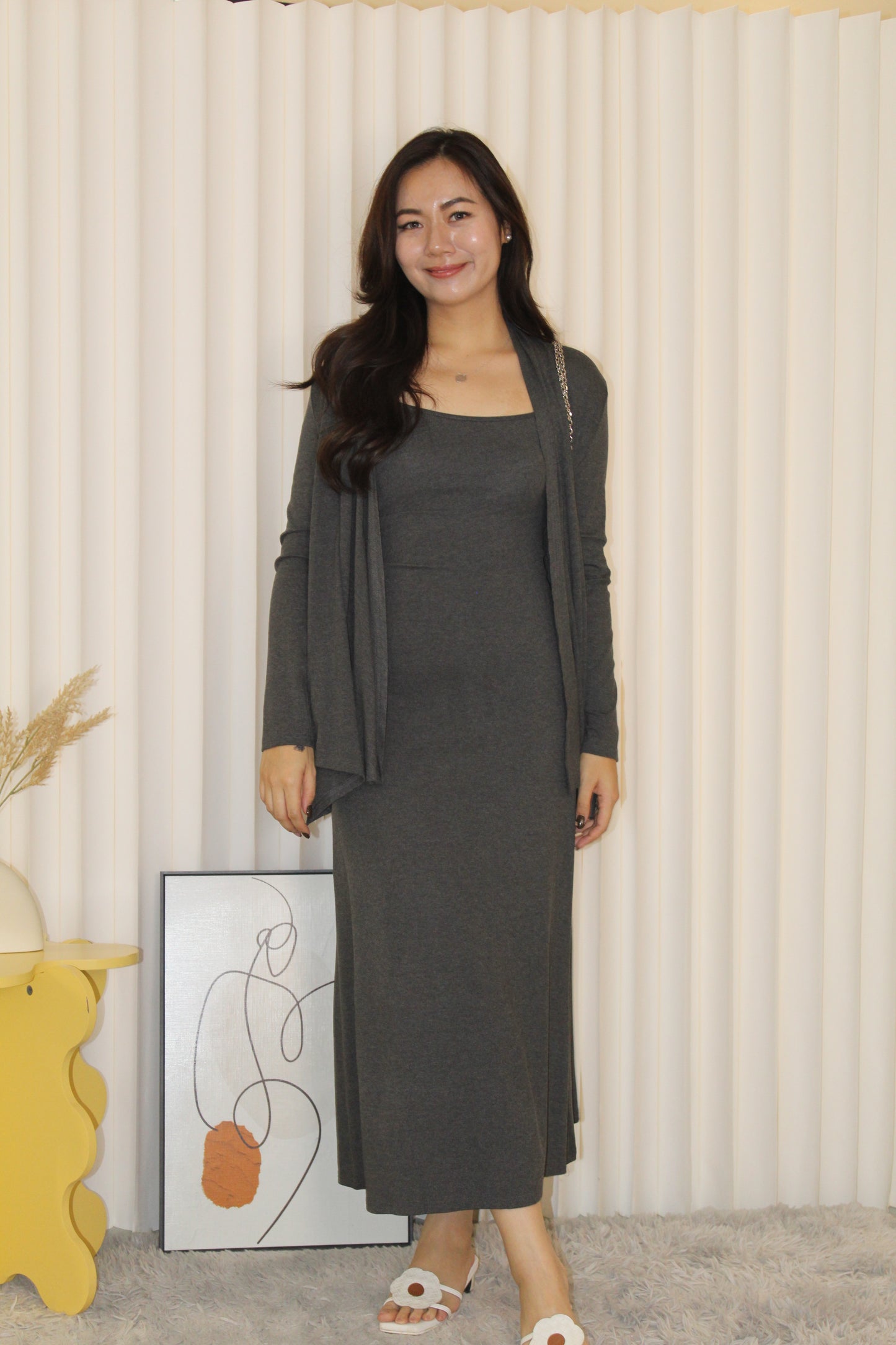 Ysee Cardigan Two Piece Dress Set (Brown)
