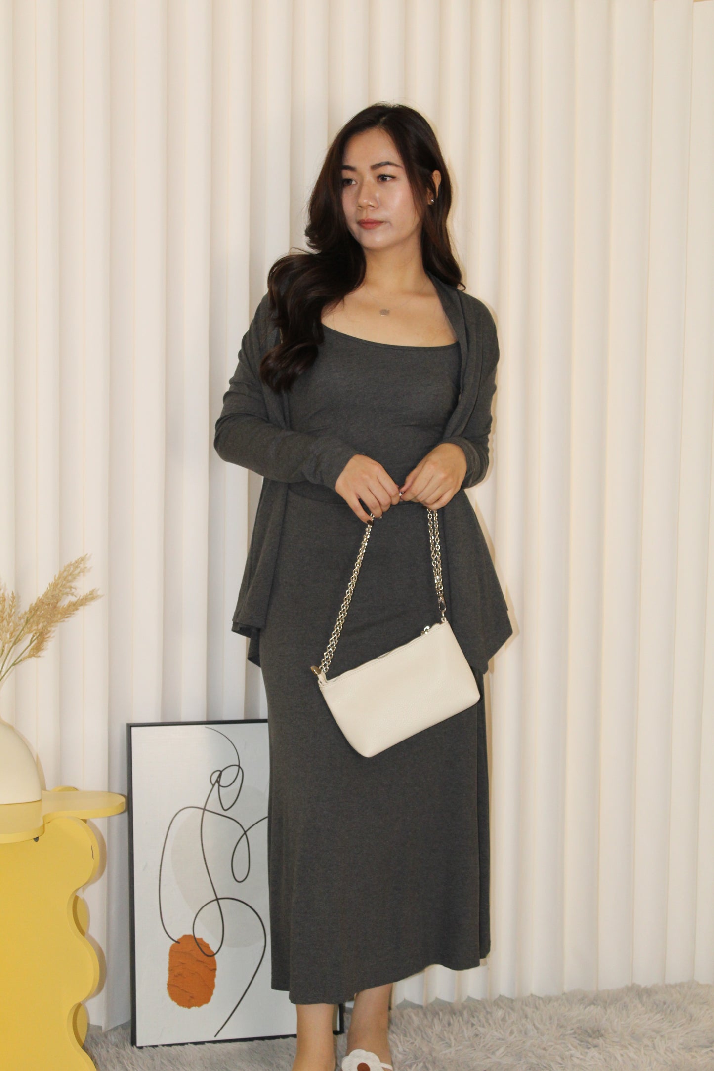 Ysee Cardigan Two Piece Dress Set (Brown)