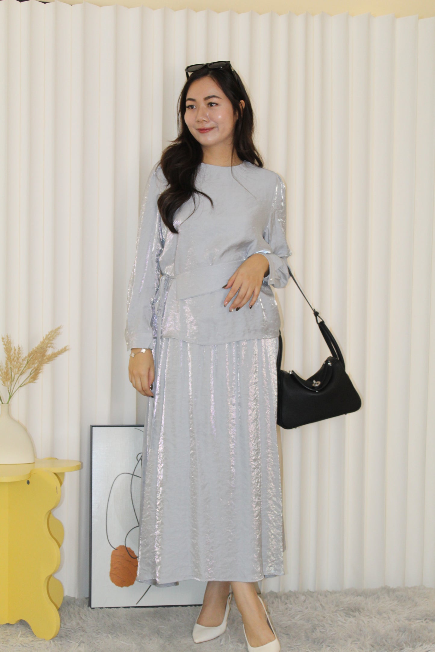 Solene Long Sleeve Two Piece Skirt Set (Grey)