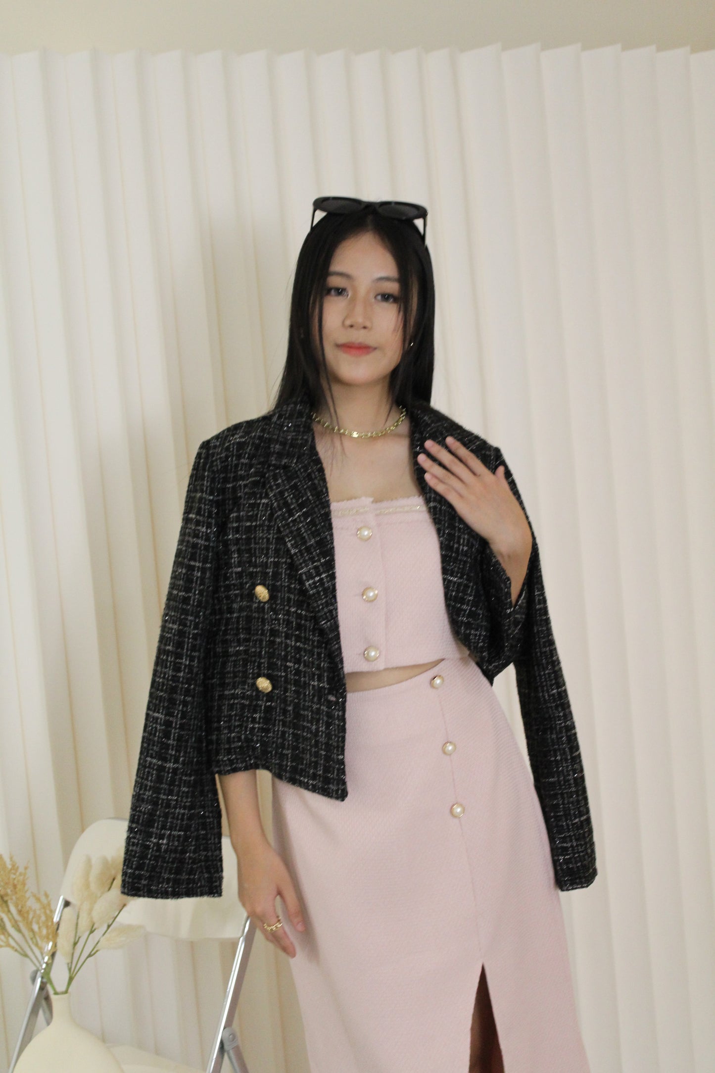 Katelyn Tweed Crop Coat Blazer (Black)