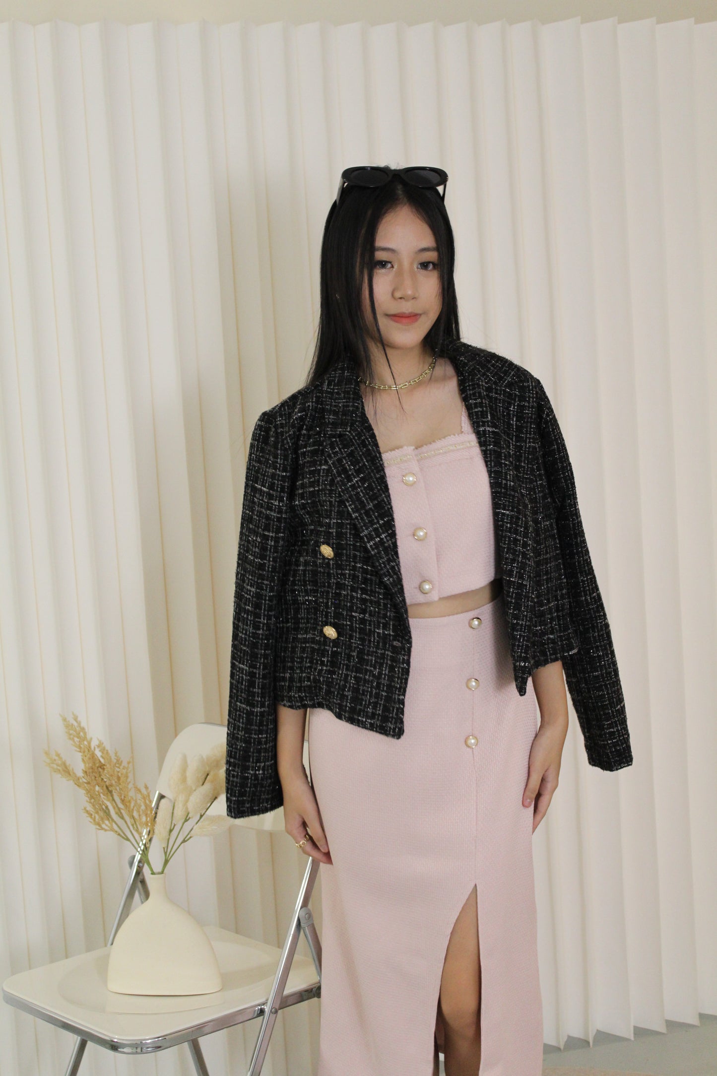 Katelyn Tweed Crop Coat Blazer (Black)