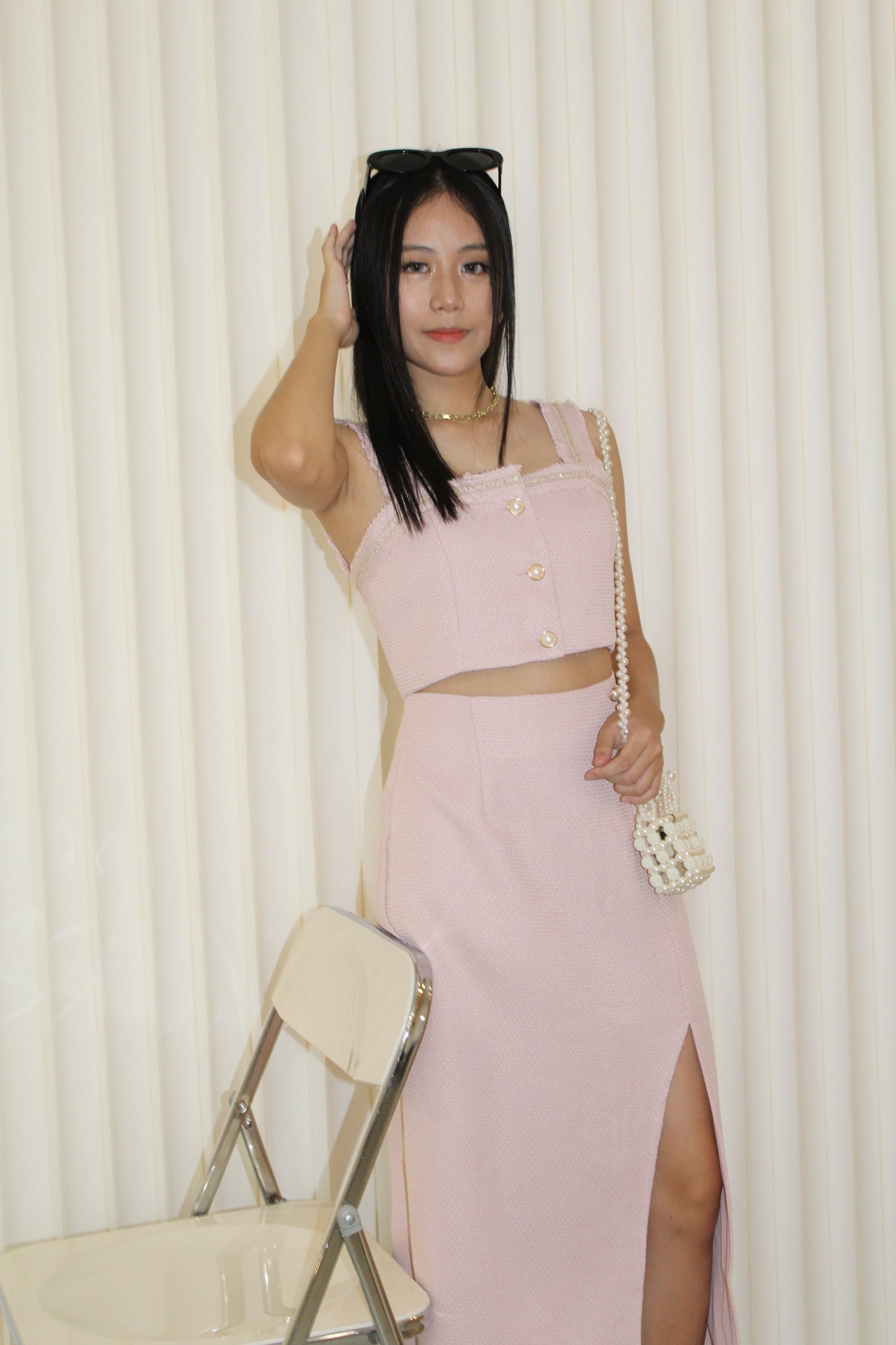 Hannah Tweed Midi Slit Skirt (Pink)
