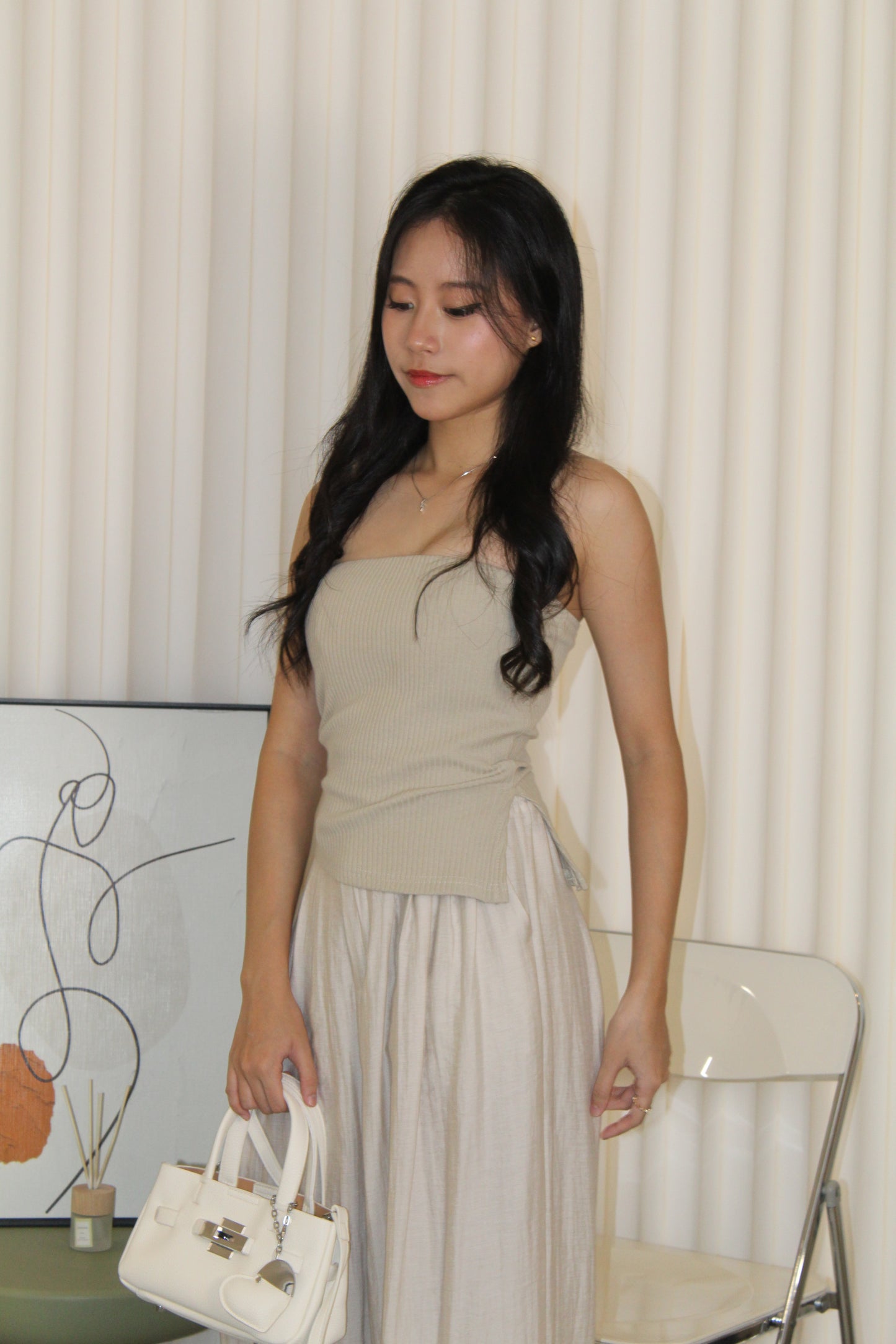 Keith Asymmetric Textured Tube Top (Khaki)