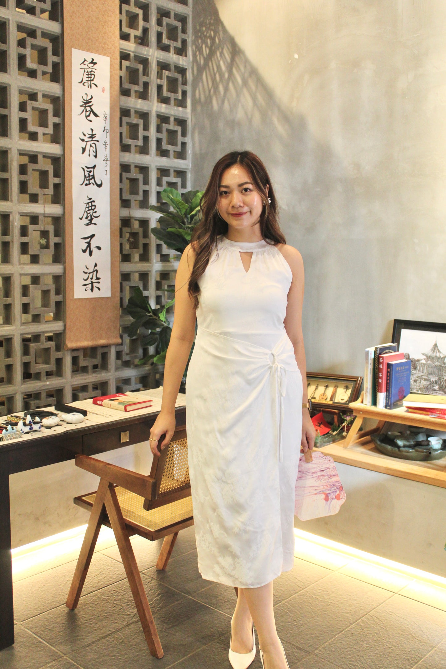 Bai He Halter Cheongsam Midaxi Dress (White)