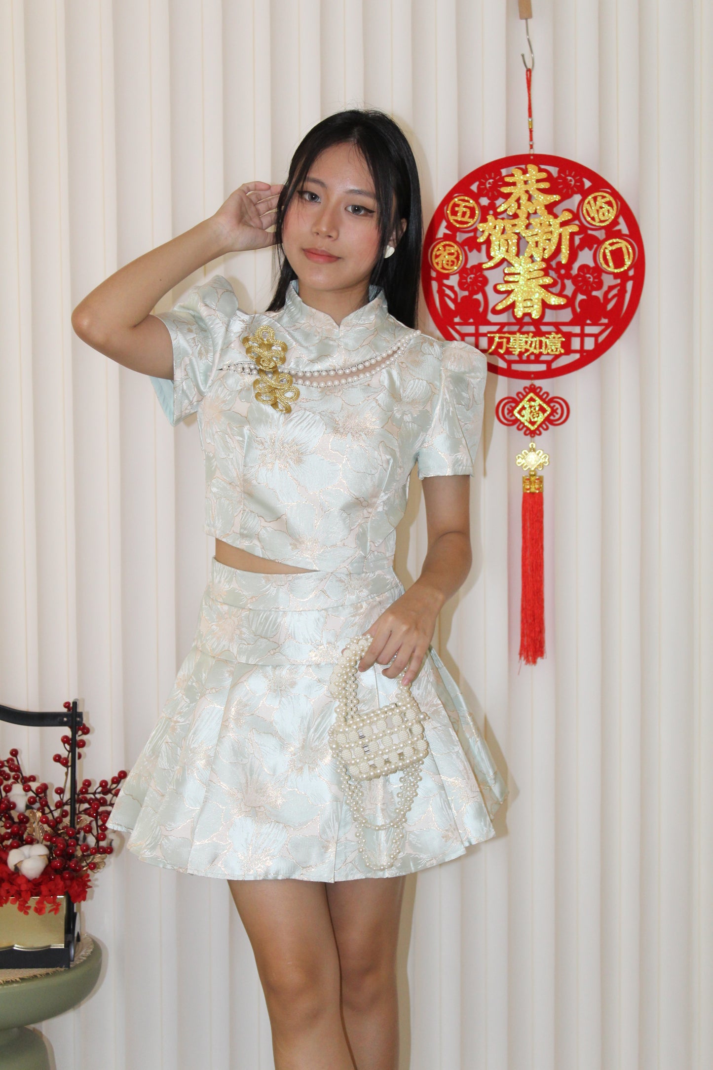 Qi Xuan Jacquard Puff Cheongsam Top (Blue)