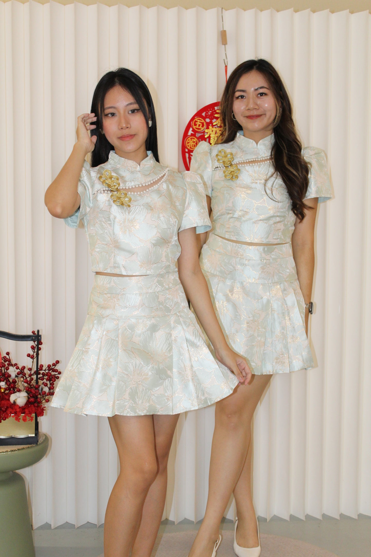 Qi Xuan Jacquard Puff Cheongsam Top (Blue)
