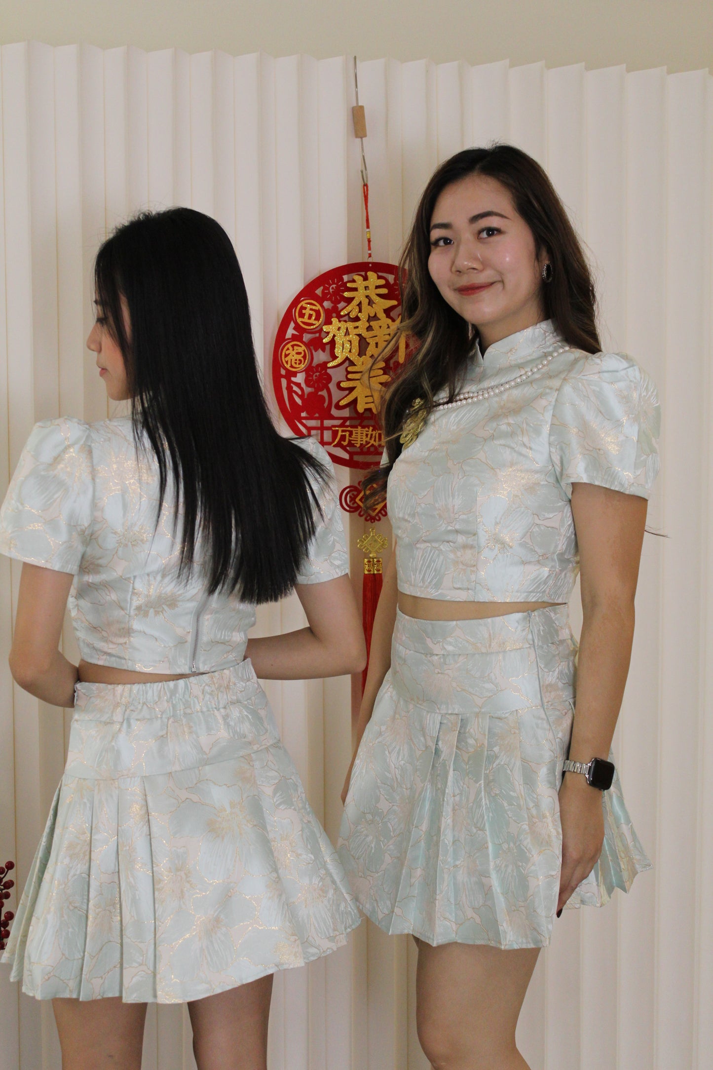 Qi Xuan Jacquard Puff Cheongsam Top (Blue)