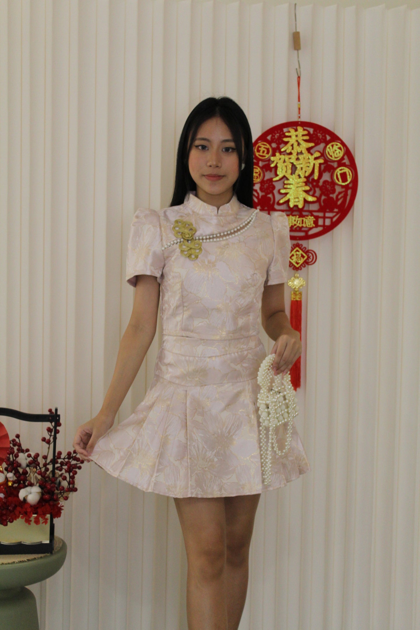 Qi Xuan Jacquard Puff Cheongsam Top (Blue)