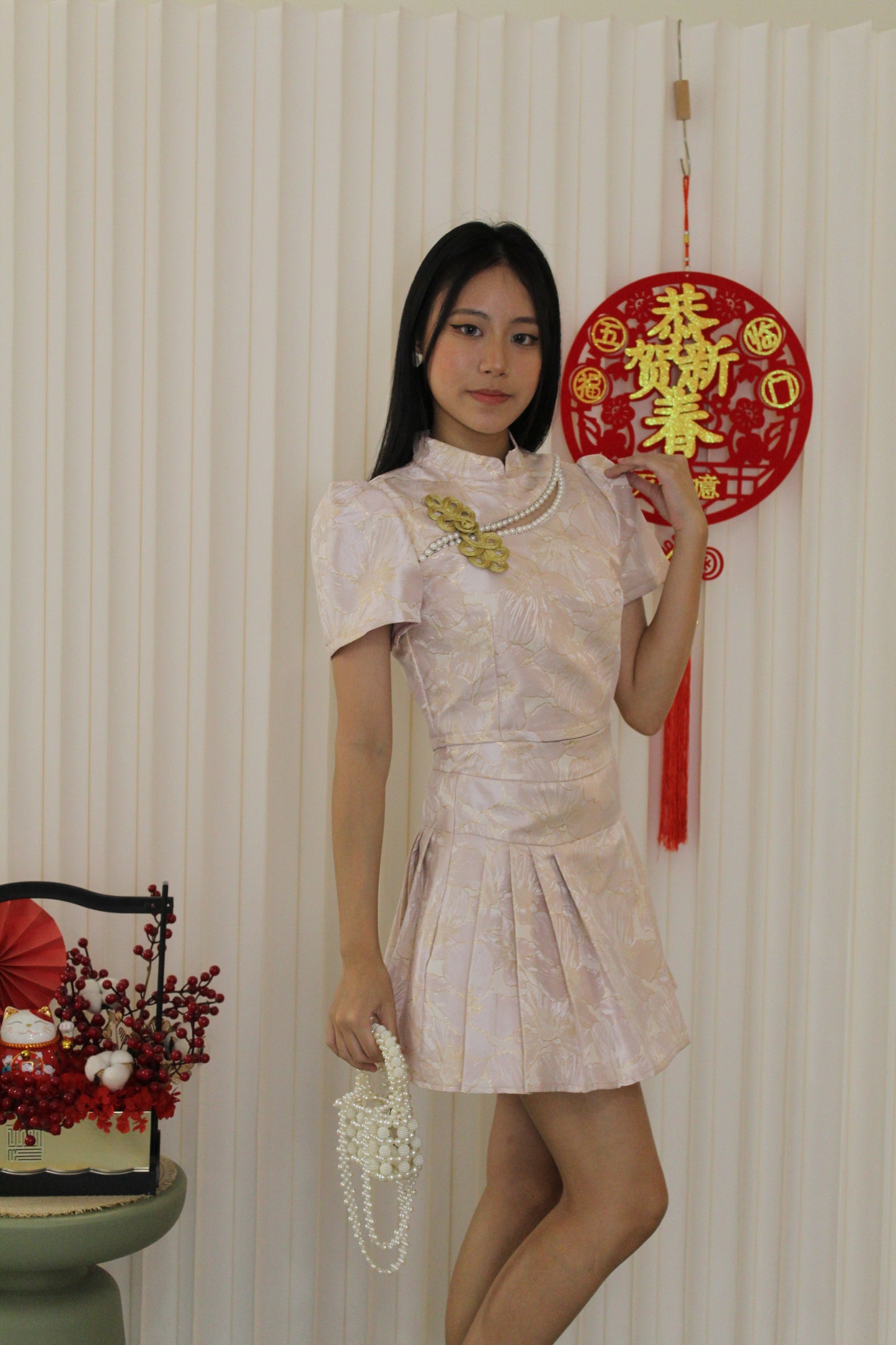 Qi Xuan Jacquard Puff Cheongsam Top (Blue)