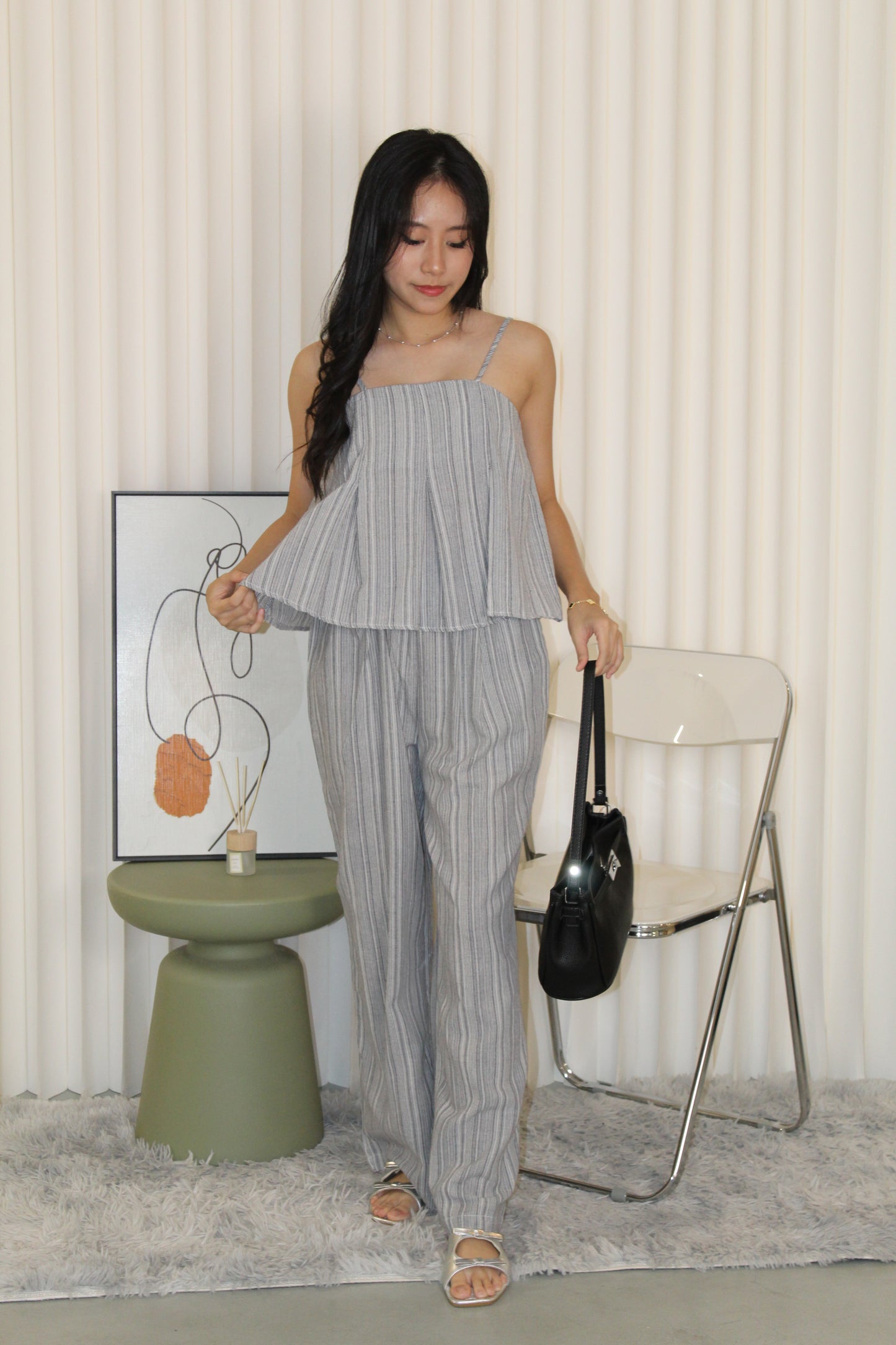 Claris Pleated Stripes Two Piece Pants Set (Blue)