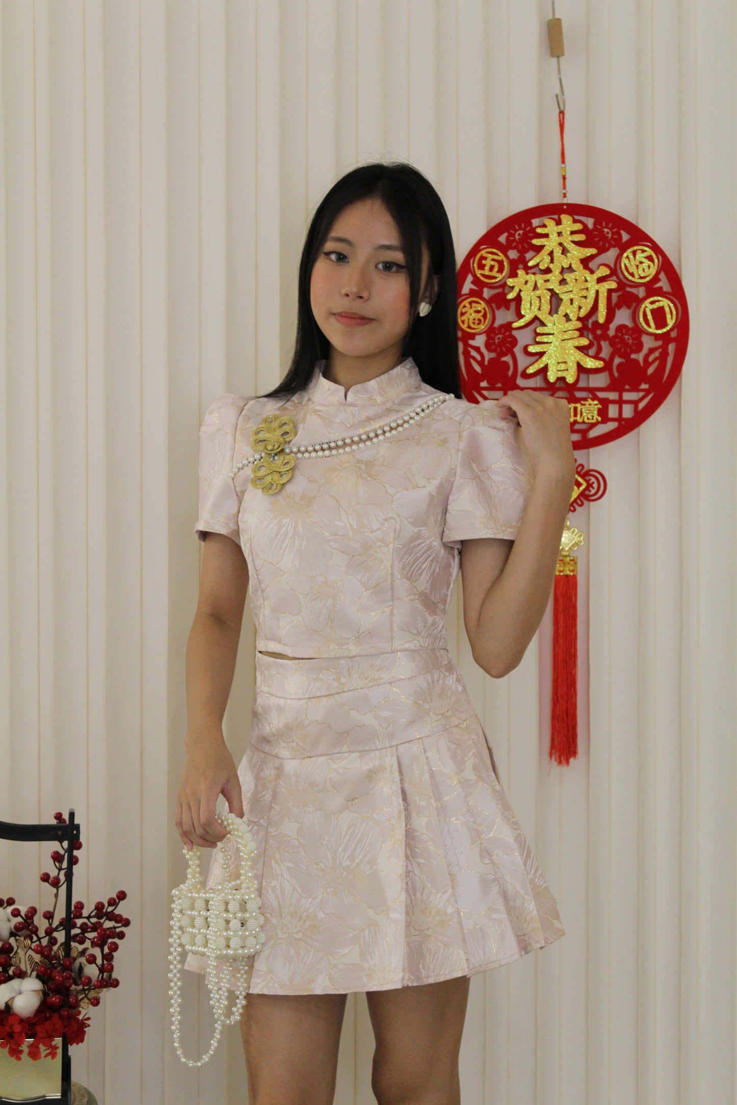 Qi Xuan Jacquard Puff Cheongsam Top (Blue)