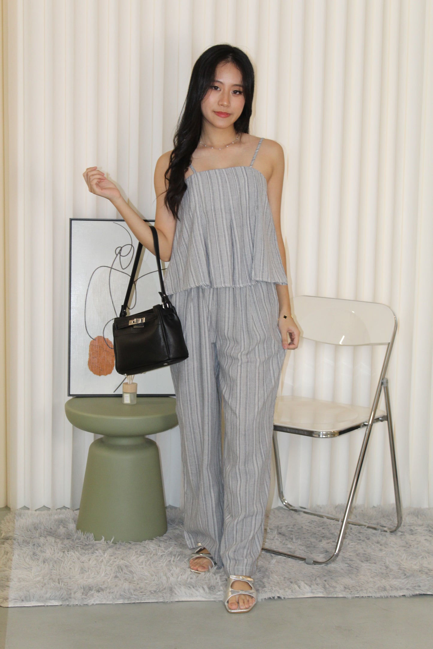 Claris Pleated Stripes Two Piece Pants Set (Khaki)