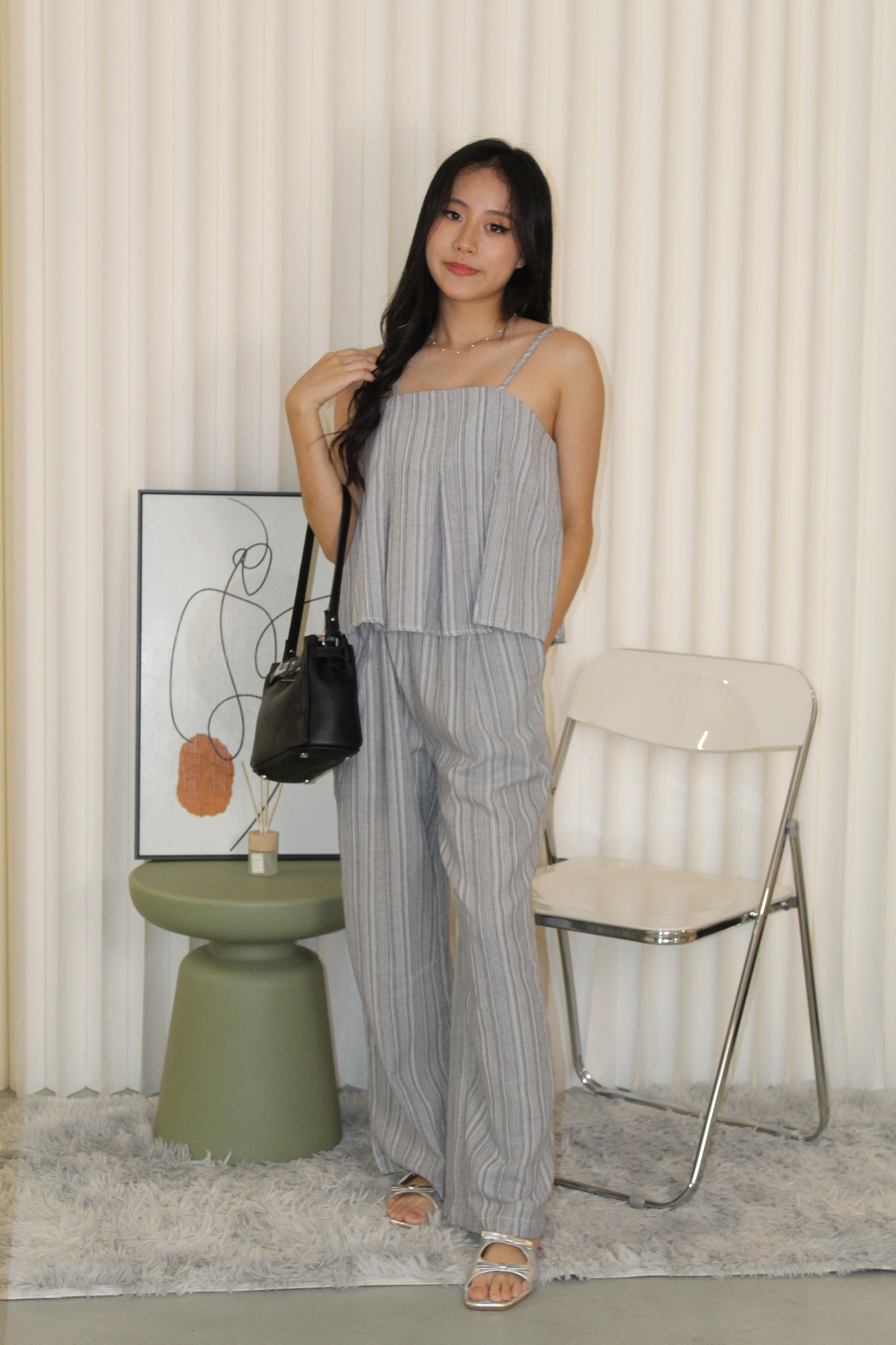 Claris Pleated Stripes Two Piece Pants Set (Blue)