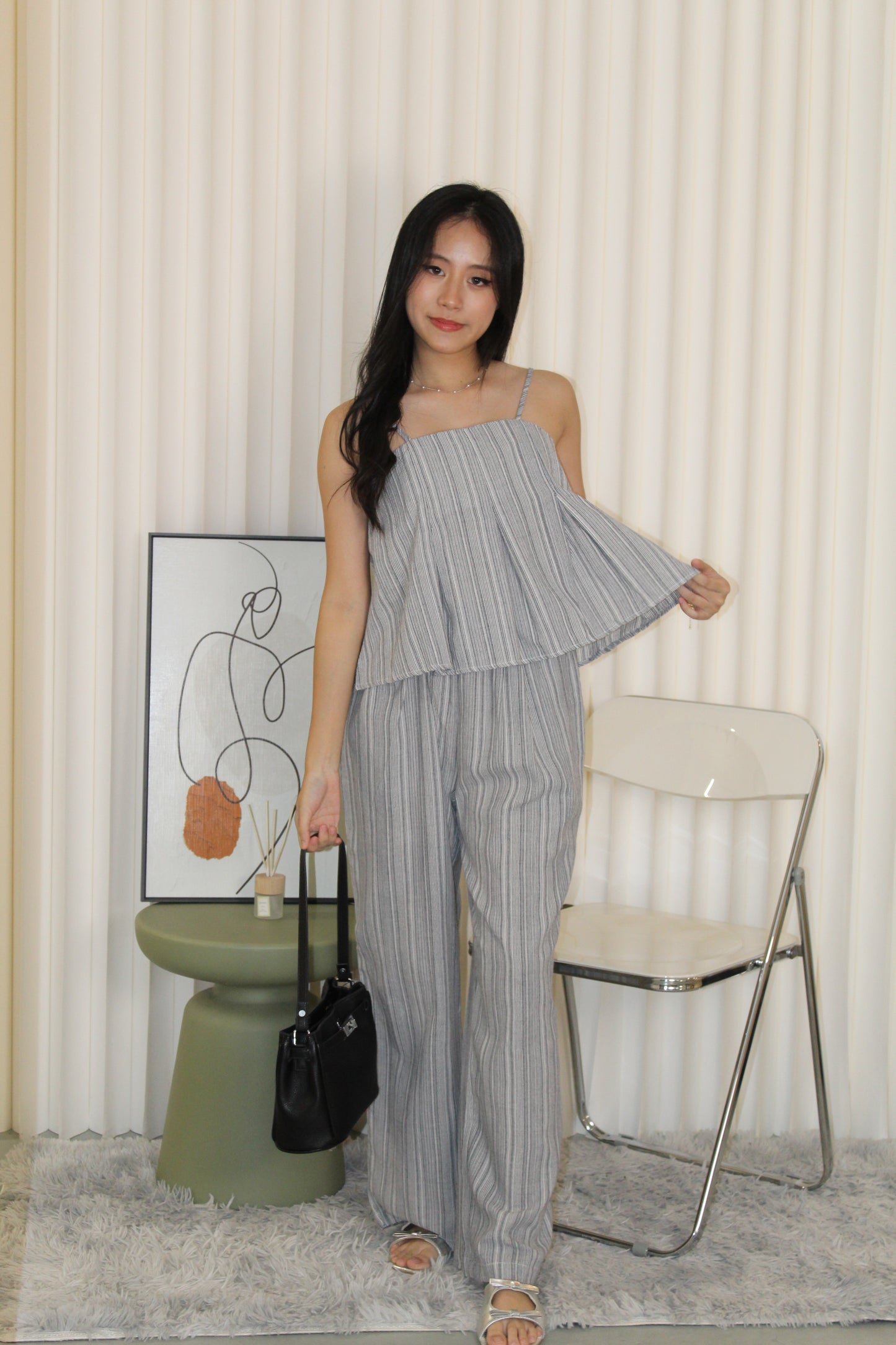 Claris Pleated Stripes Two Piece Pants Set (Blue)