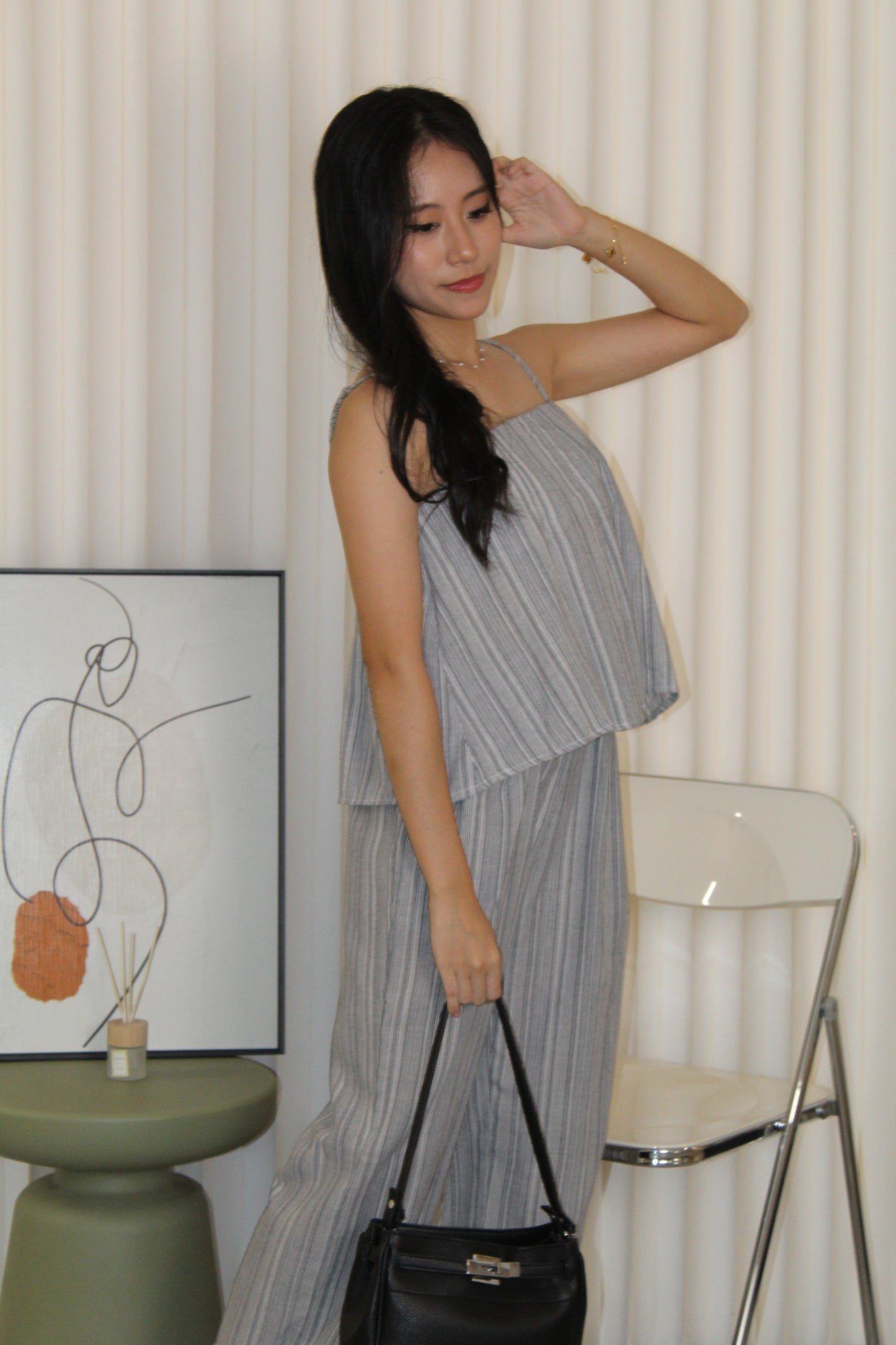 Claris Pleated Stripes Two Piece Pants Set (Blue)