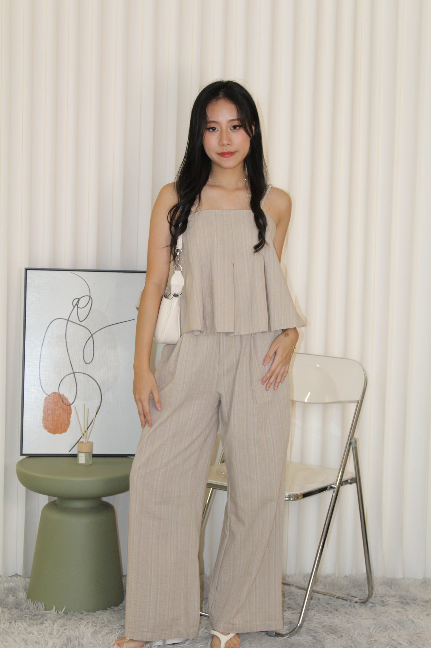 Claris Pleated Stripes Two Piece Pants Set (Blue)