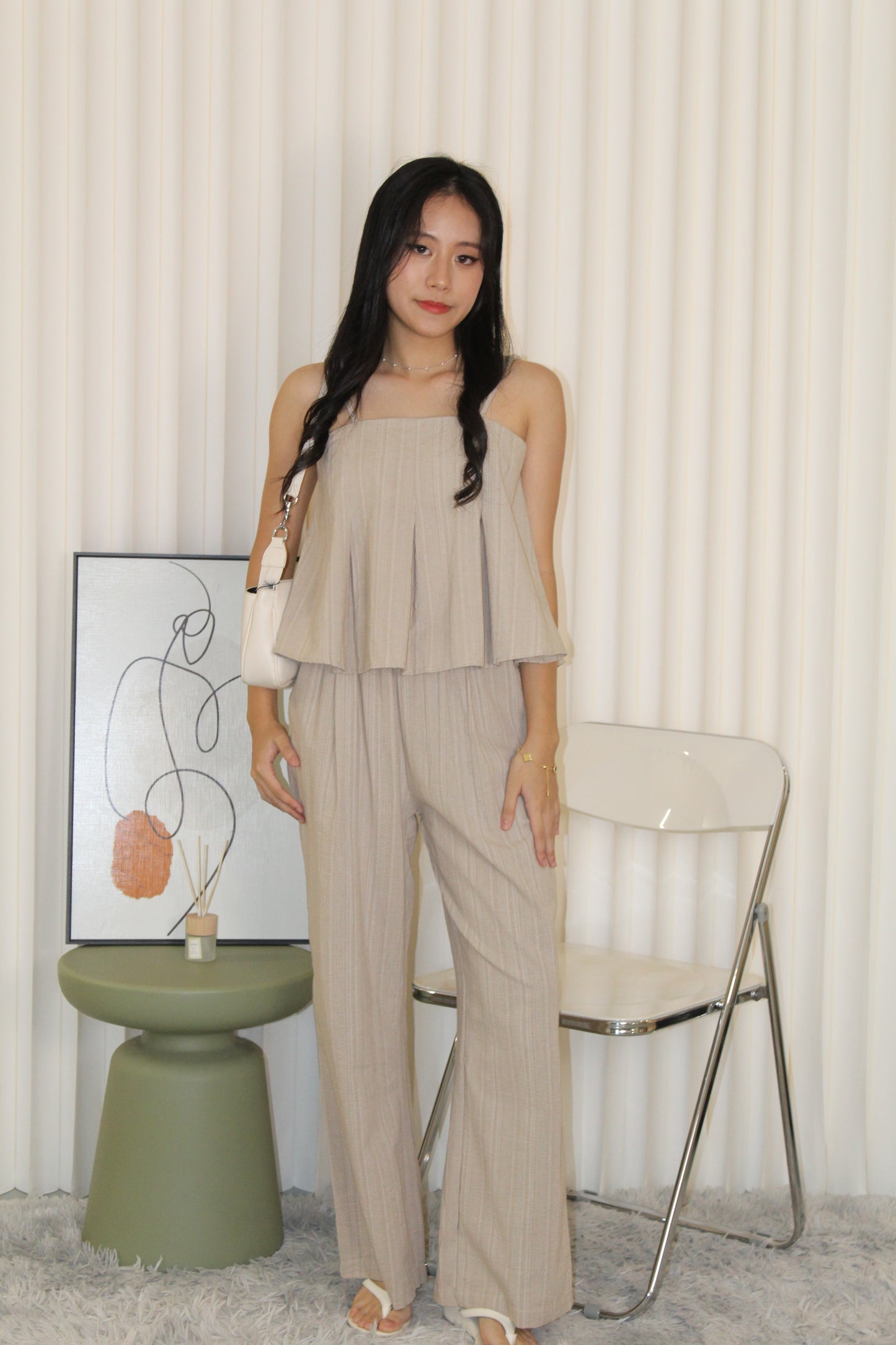 Claris Pleated Stripes Two Piece Pants Set (Blue)