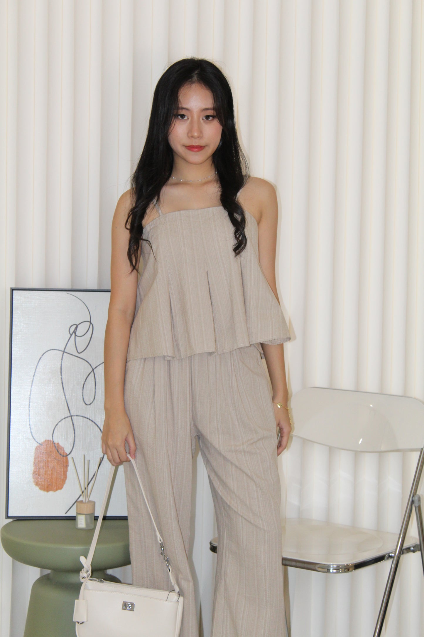 Claris Pleated Stripes Two Piece Pants Set (Blue)