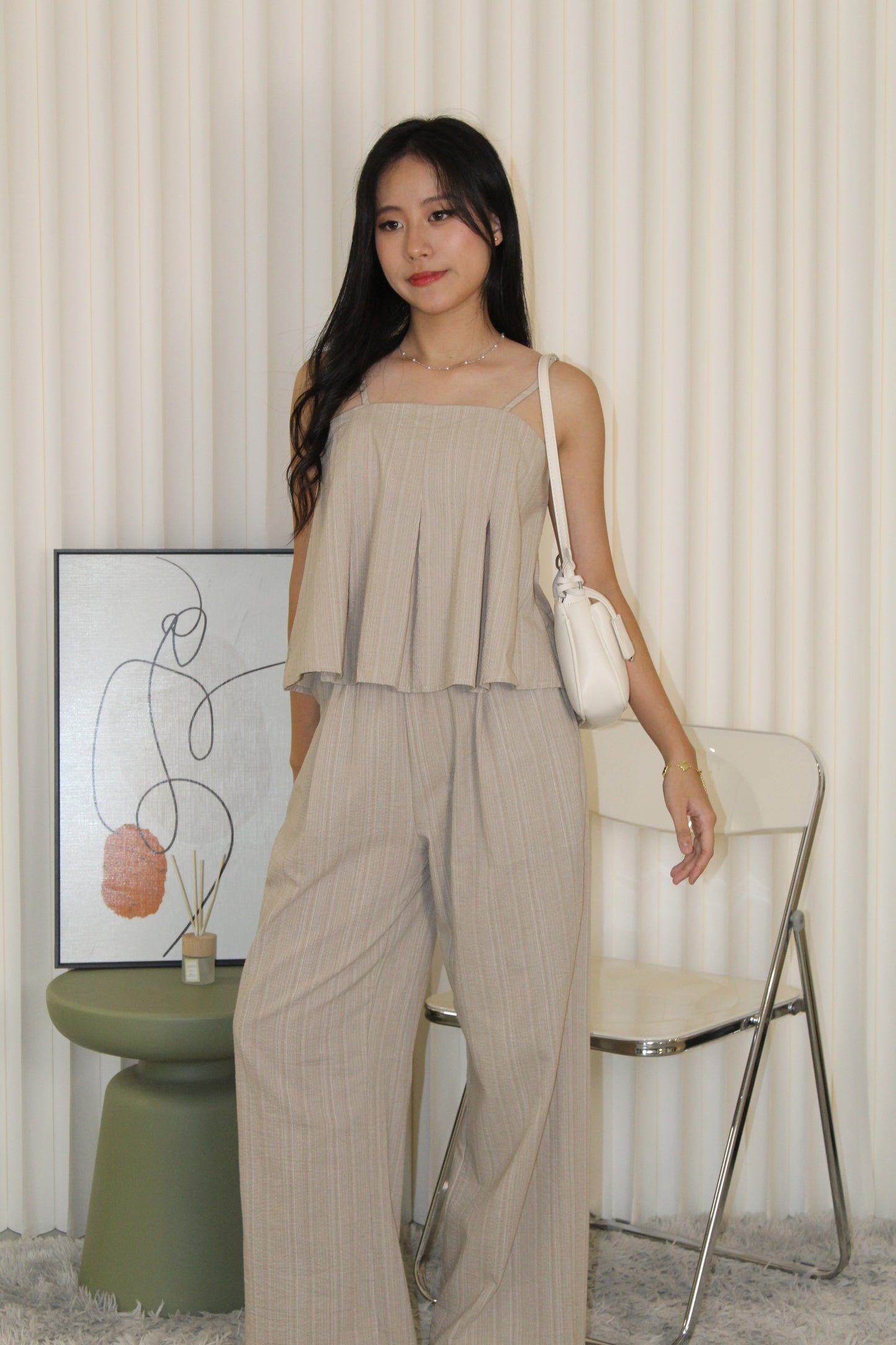 Claris Pleated Stripes Two Piece Pants Set (Blue)