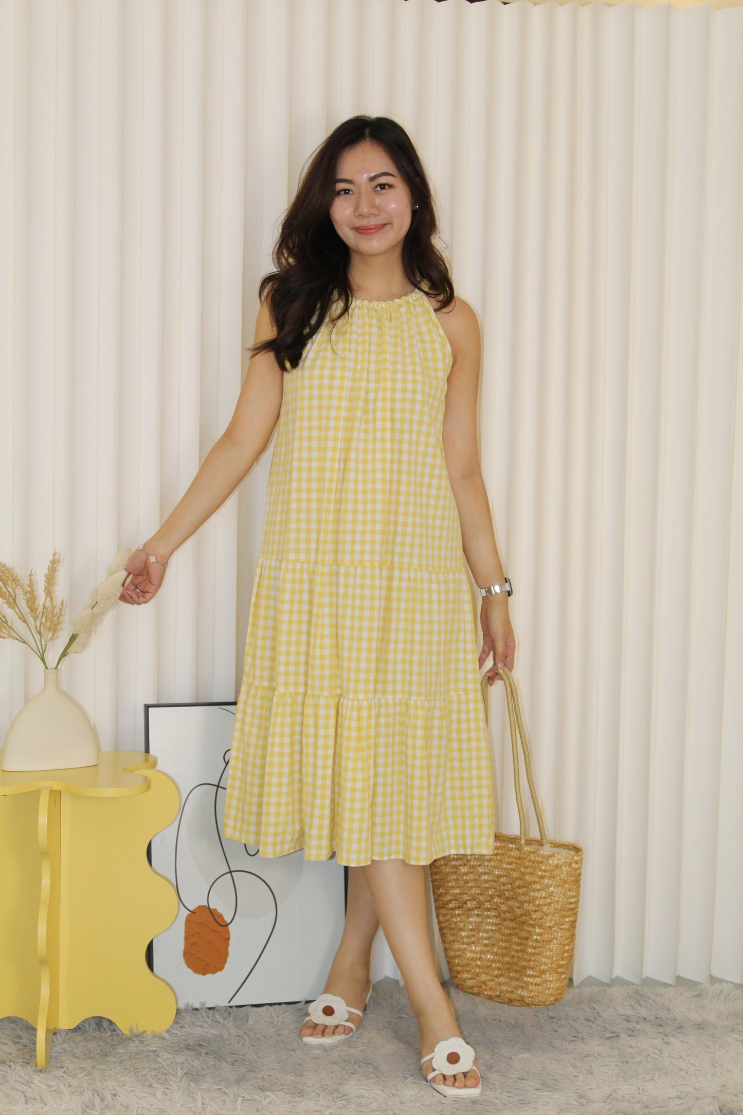 Kaylee Checked Halter Midi Dress (Yellow)