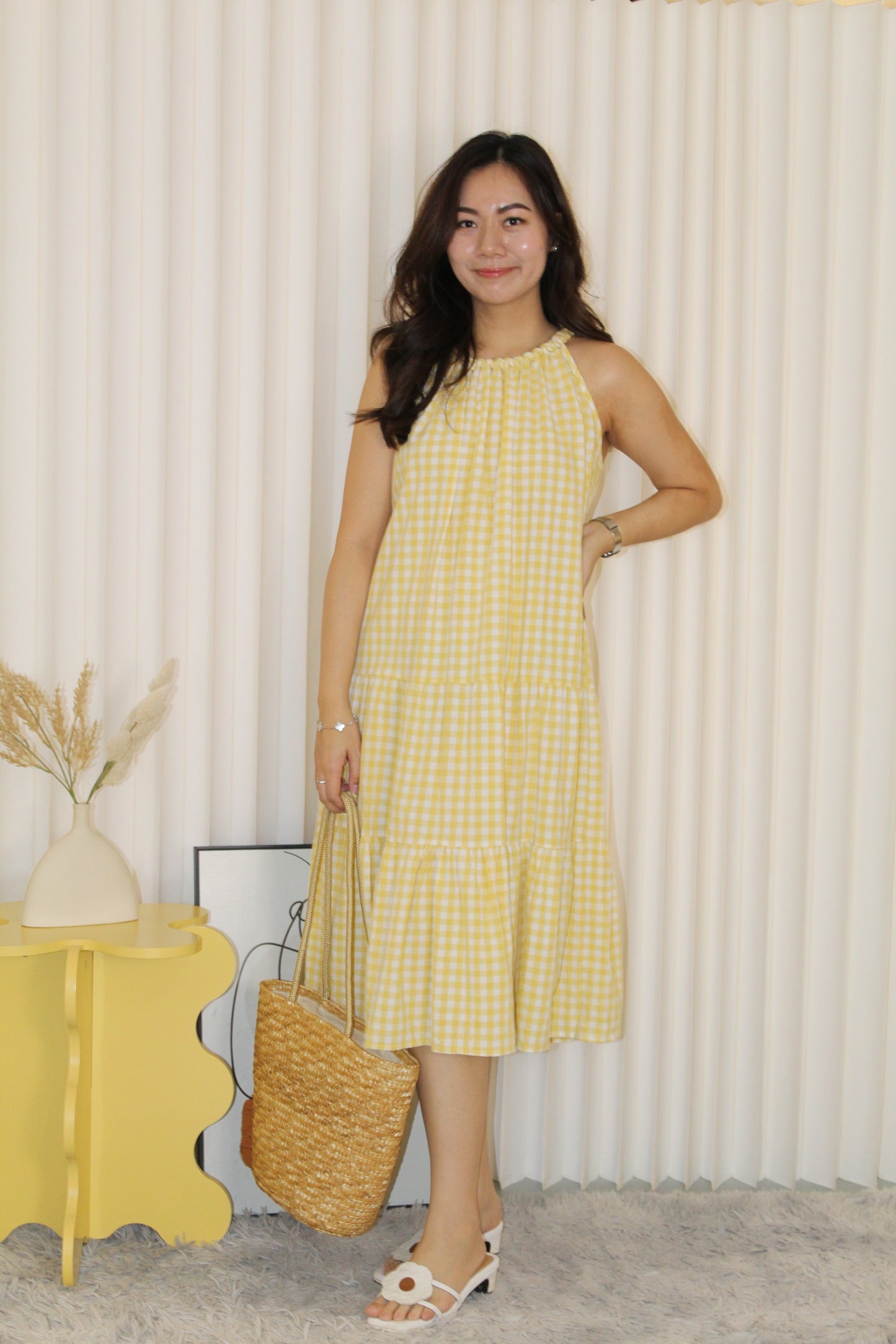 Kaylee Checked Halter Midi Dress (Yellow)