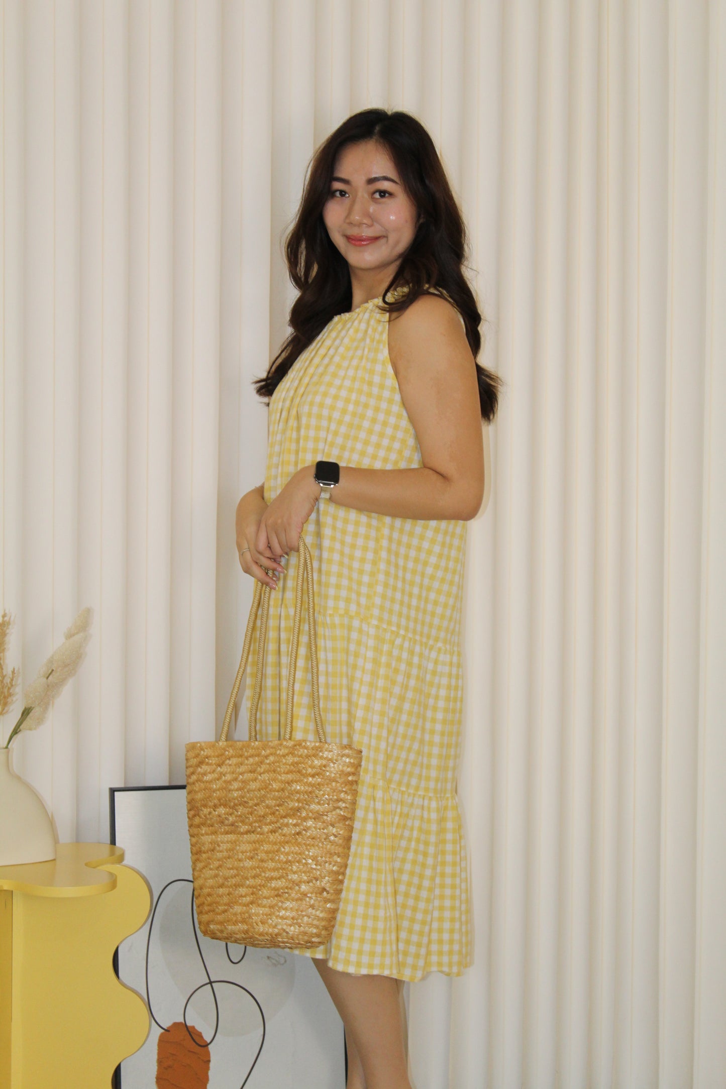 Kaylee Checked Halter Midi Dress (Yellow)