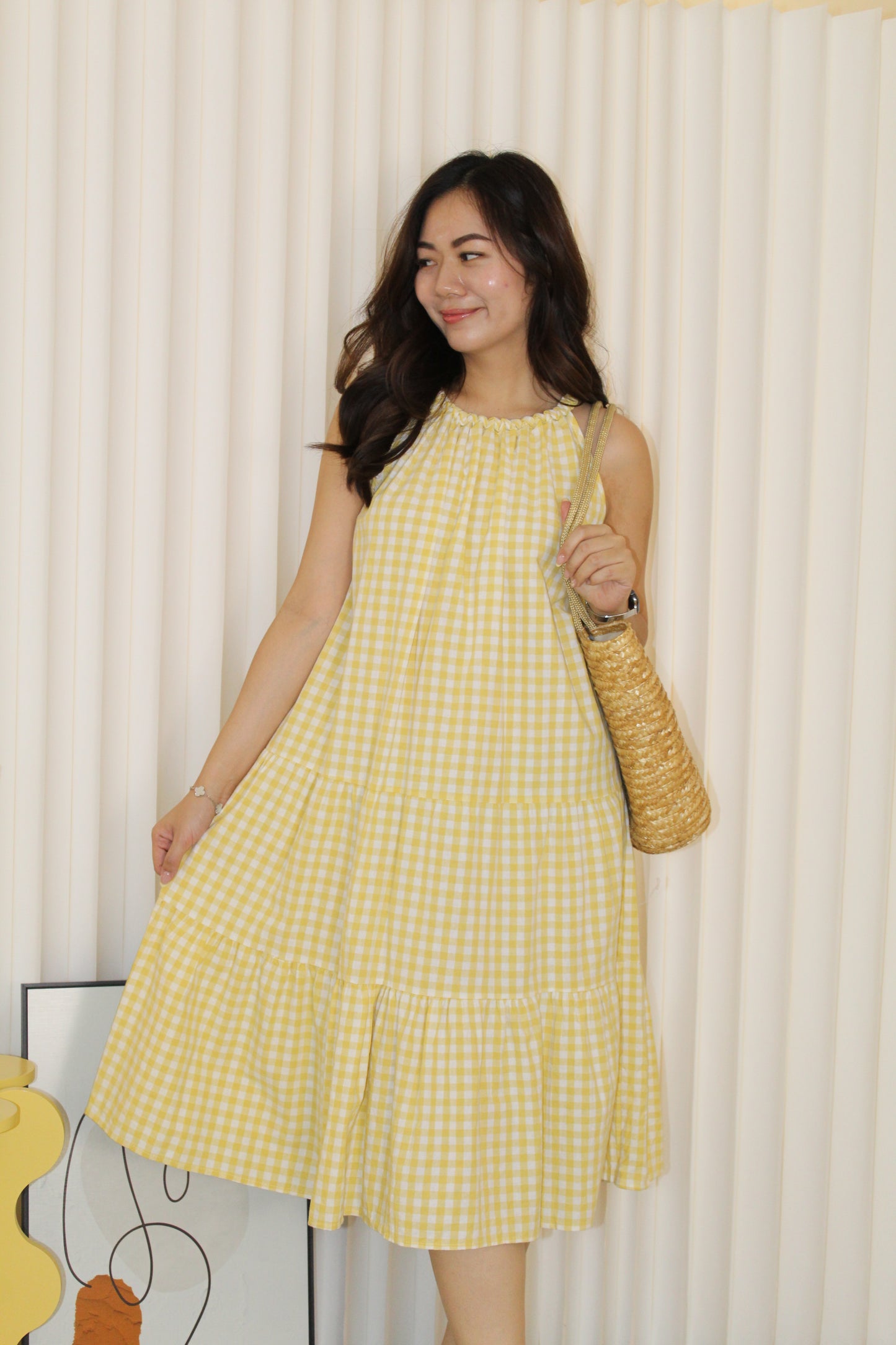 Kaylee Checked Halter Midi Dress (Yellow)