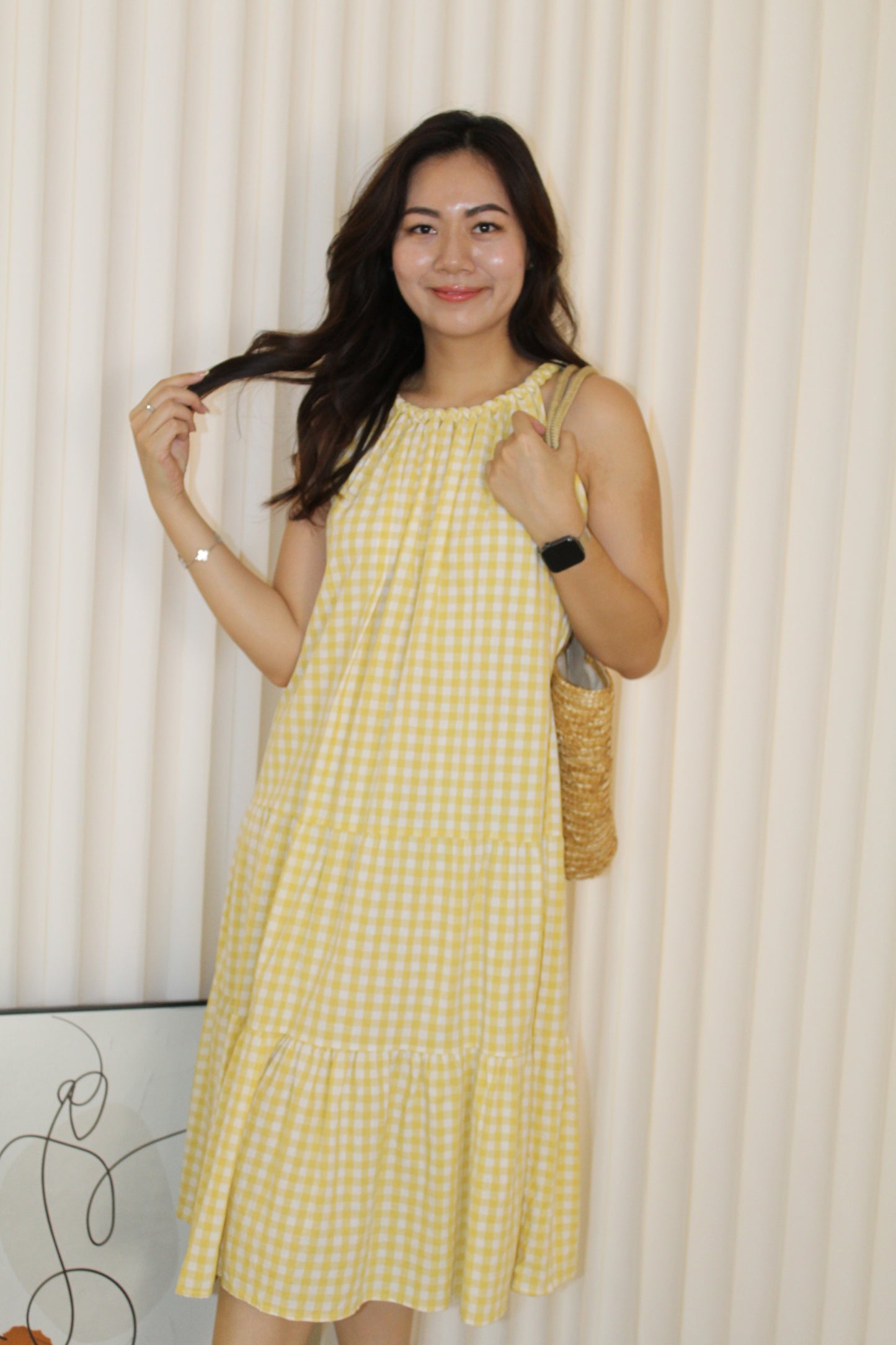 Kaylee Checked Halter Midi Dress (Yellow)