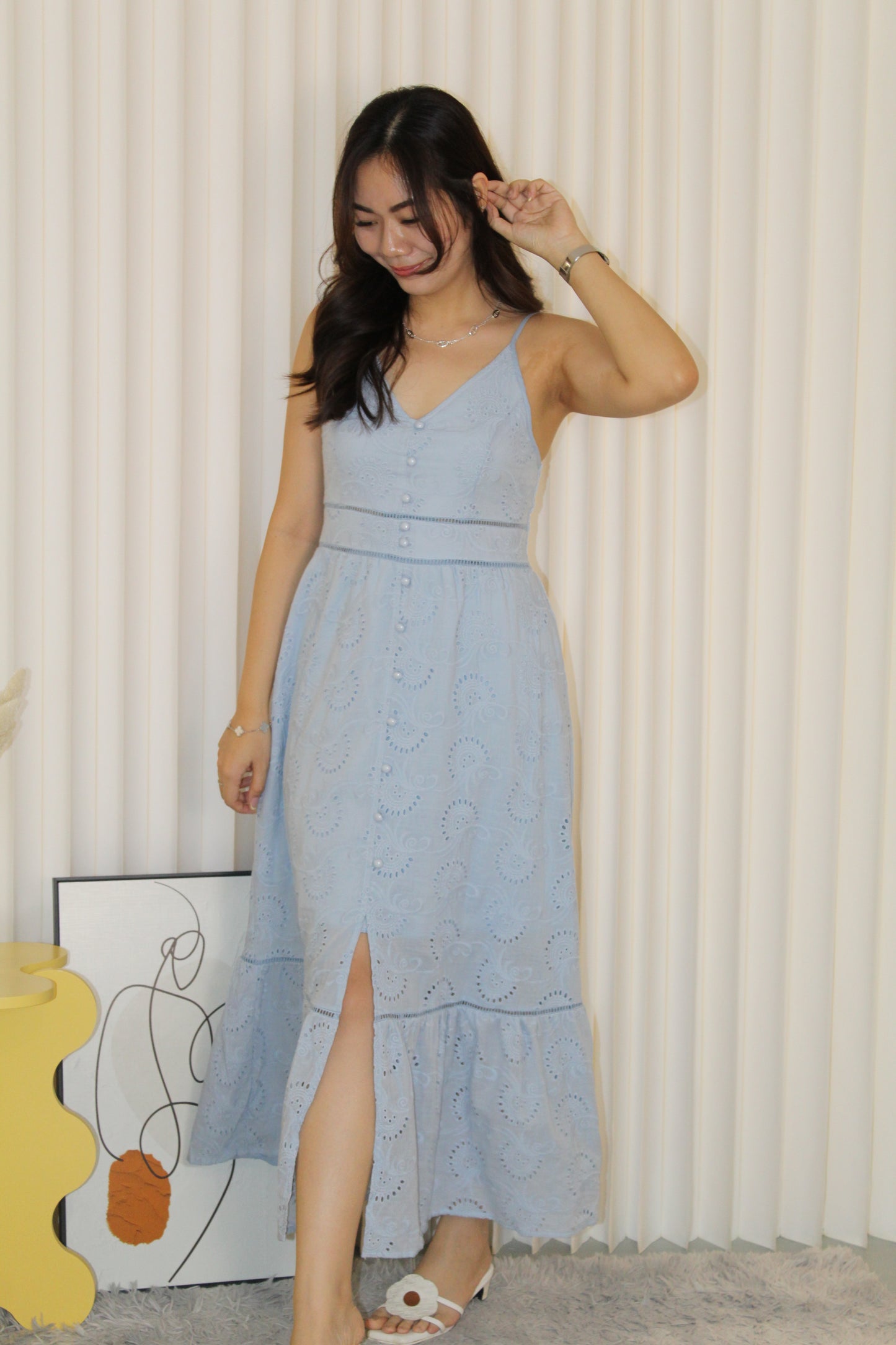 Bianca Eyelet Midi Dress (Blue)