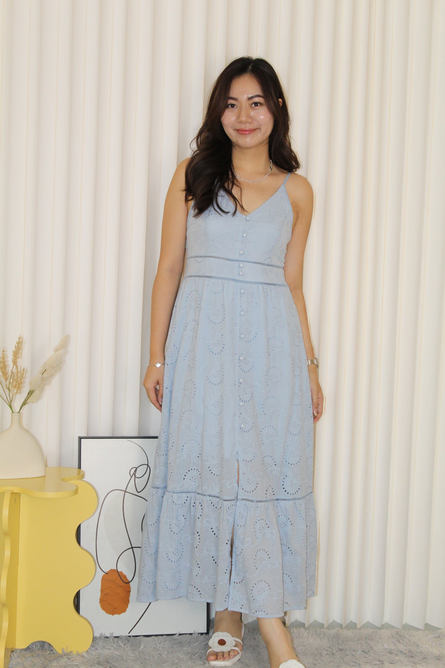 Bianca Eyelet Midi Dress (Blue)