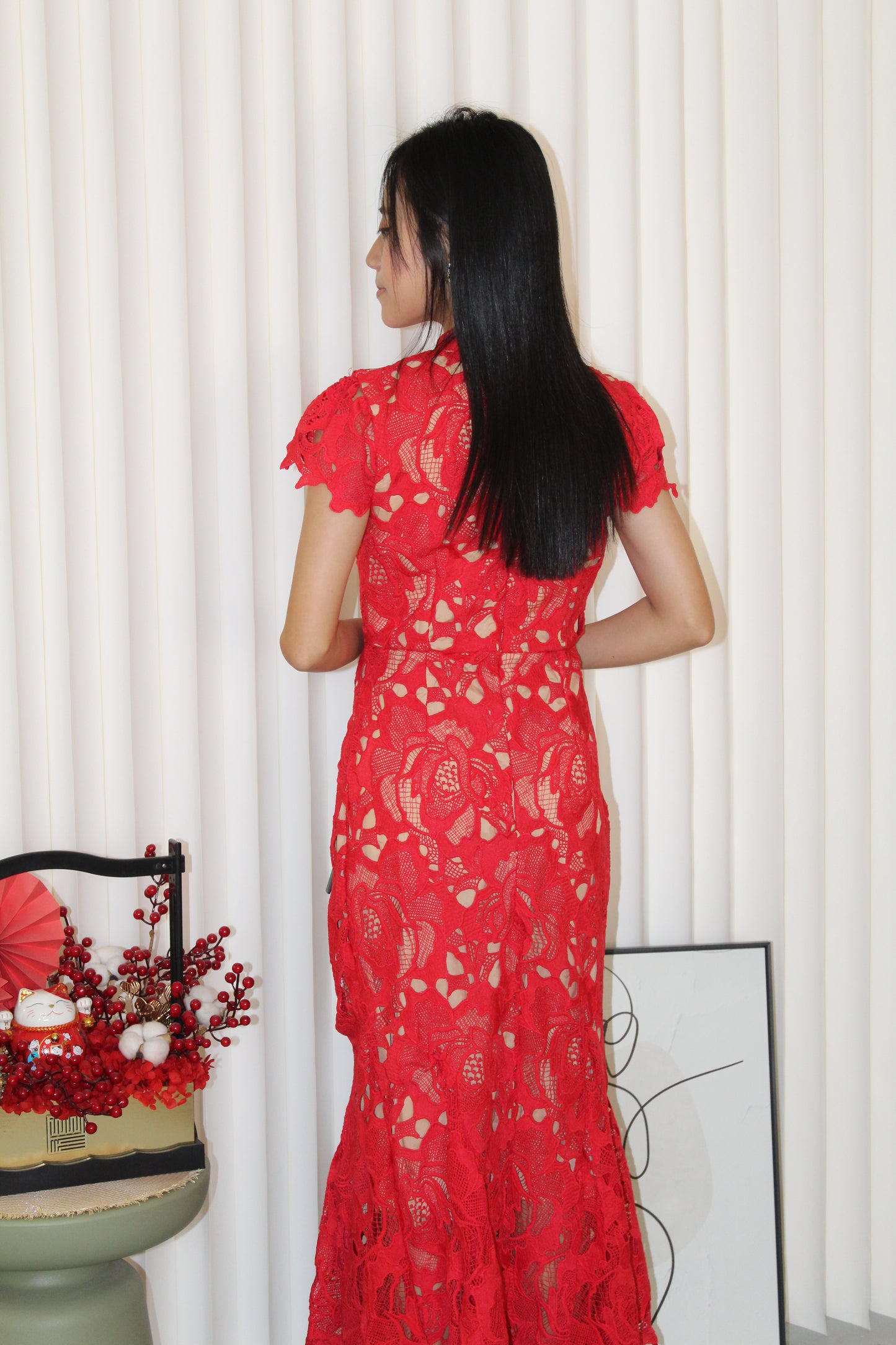 Janice Lace Fish Tail Midaxi Dress (Red)