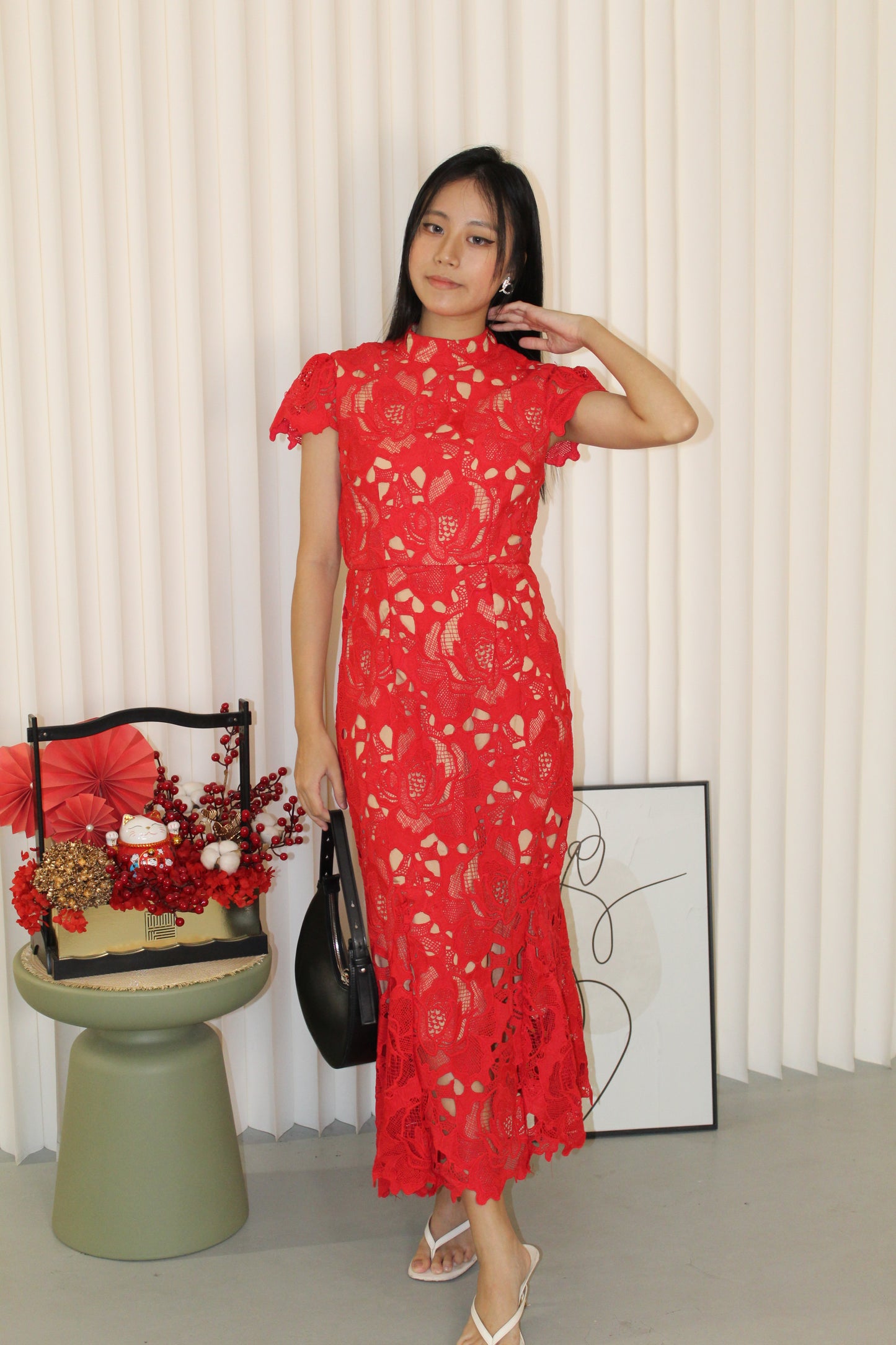 Janice Lace Fish Tail Midaxi Dress (Red)