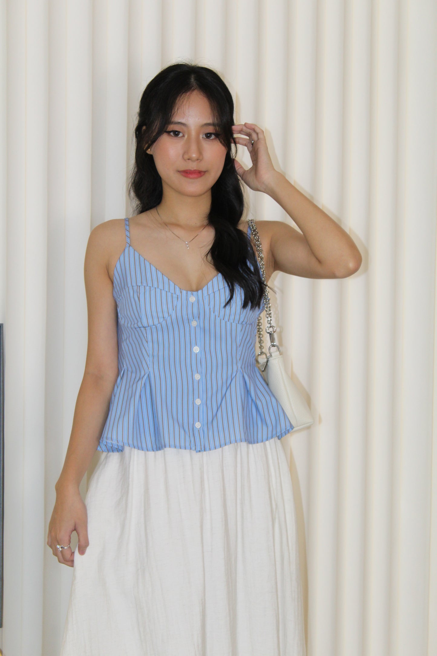 Alaiya Stripes Peplum Pleated Top (Blue)