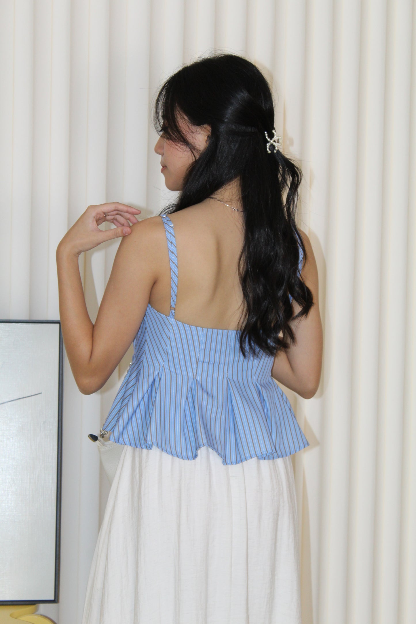 Alaiya Stripes Peplum Pleated Top (Blue)