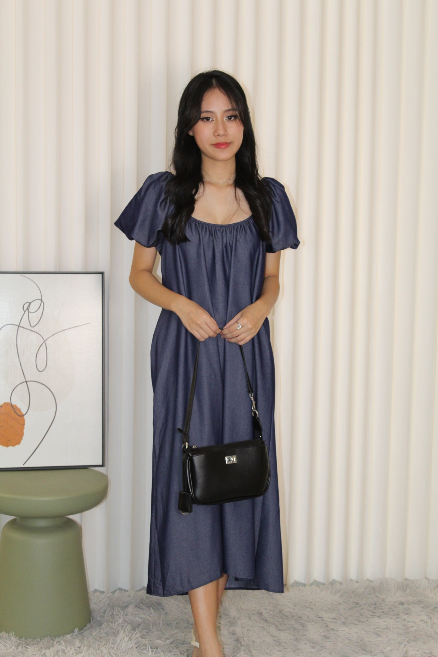 Delaney Puffy Straight Midi Dress (Blue)